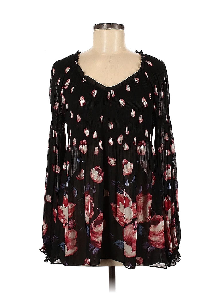 Sunny Leigh 100% Polyester Floral Black Long Sleeve Blouse Size L - 68% ...