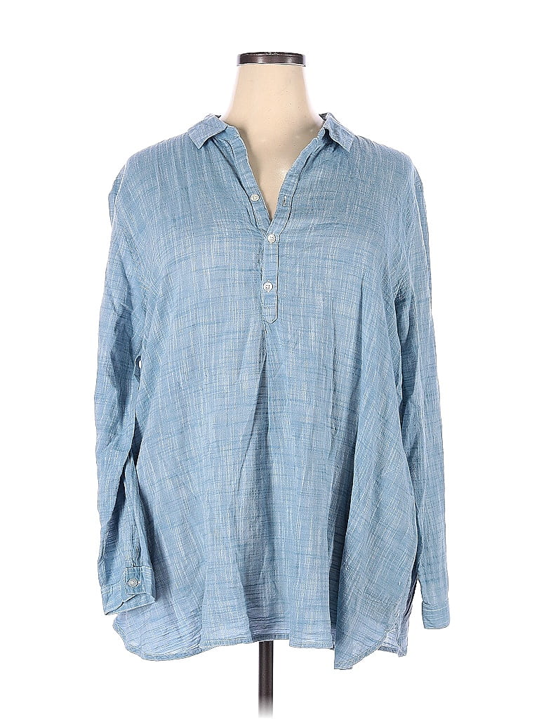 Coldwater Creek 100% Cotton Checkered-gingham Blue Long Sleeve Button ...