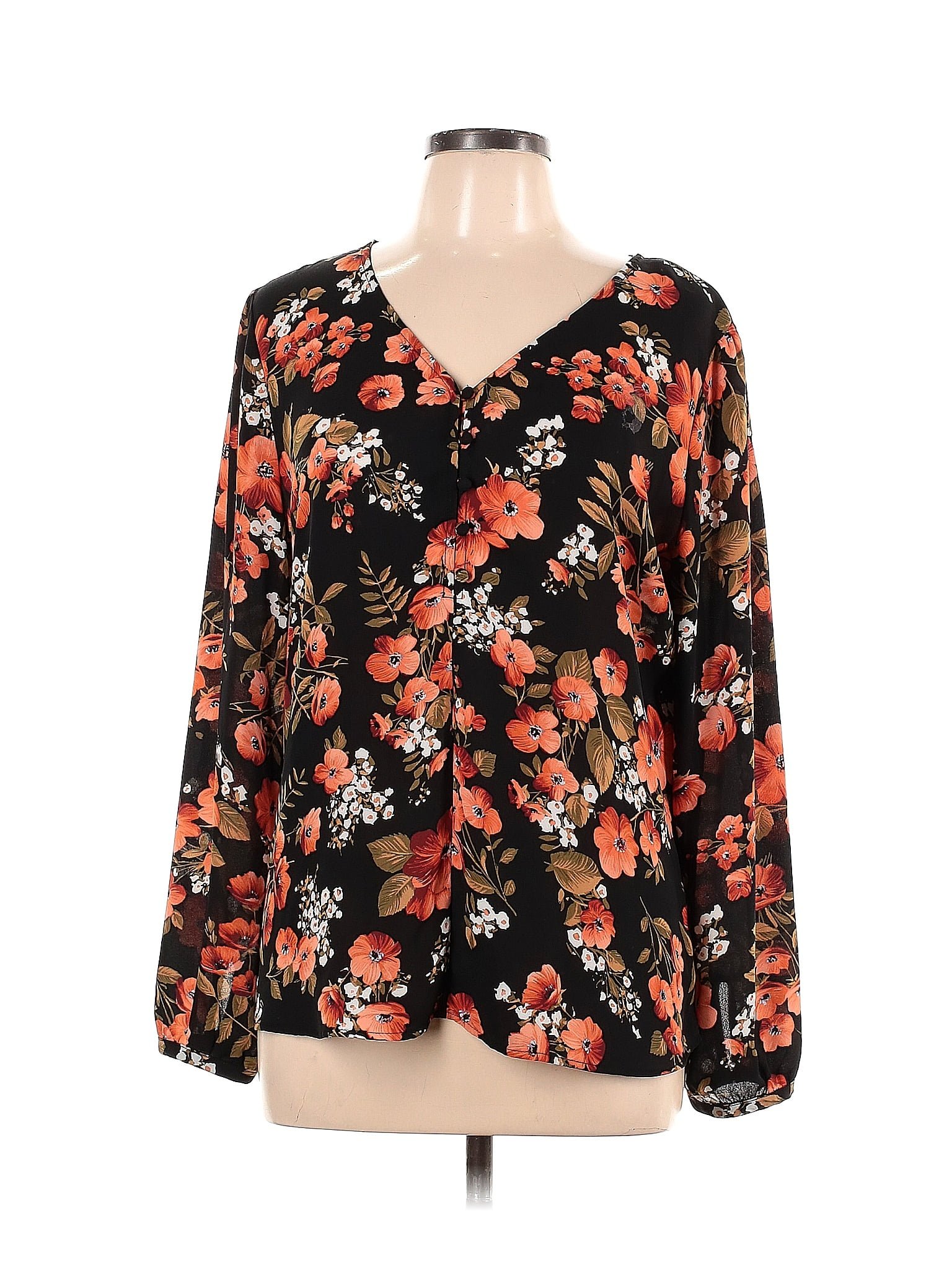 Ann Taylor Factory 100% Polyester Floral Black Long Sleeve Blouse Size ...