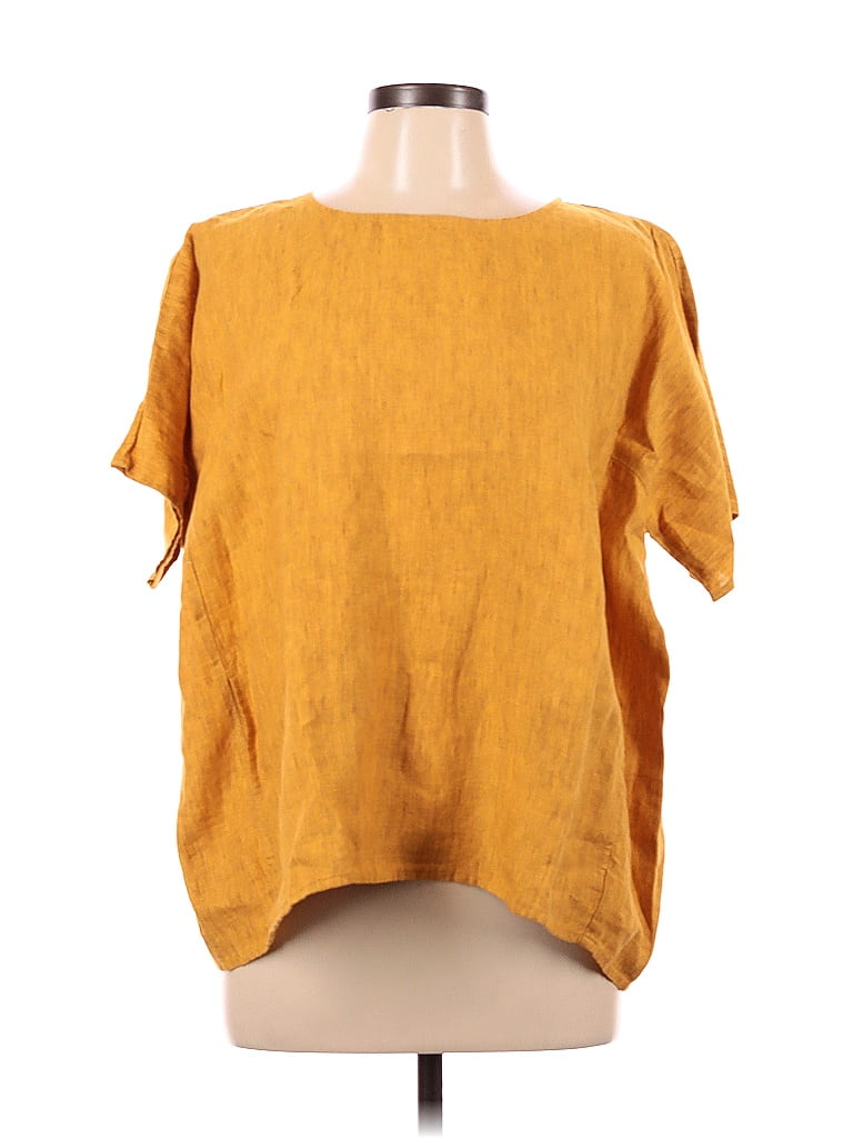 Eileen Fisher 100% Linen Solid Yellow Short Sleeve Blouse Size L - 74% ...