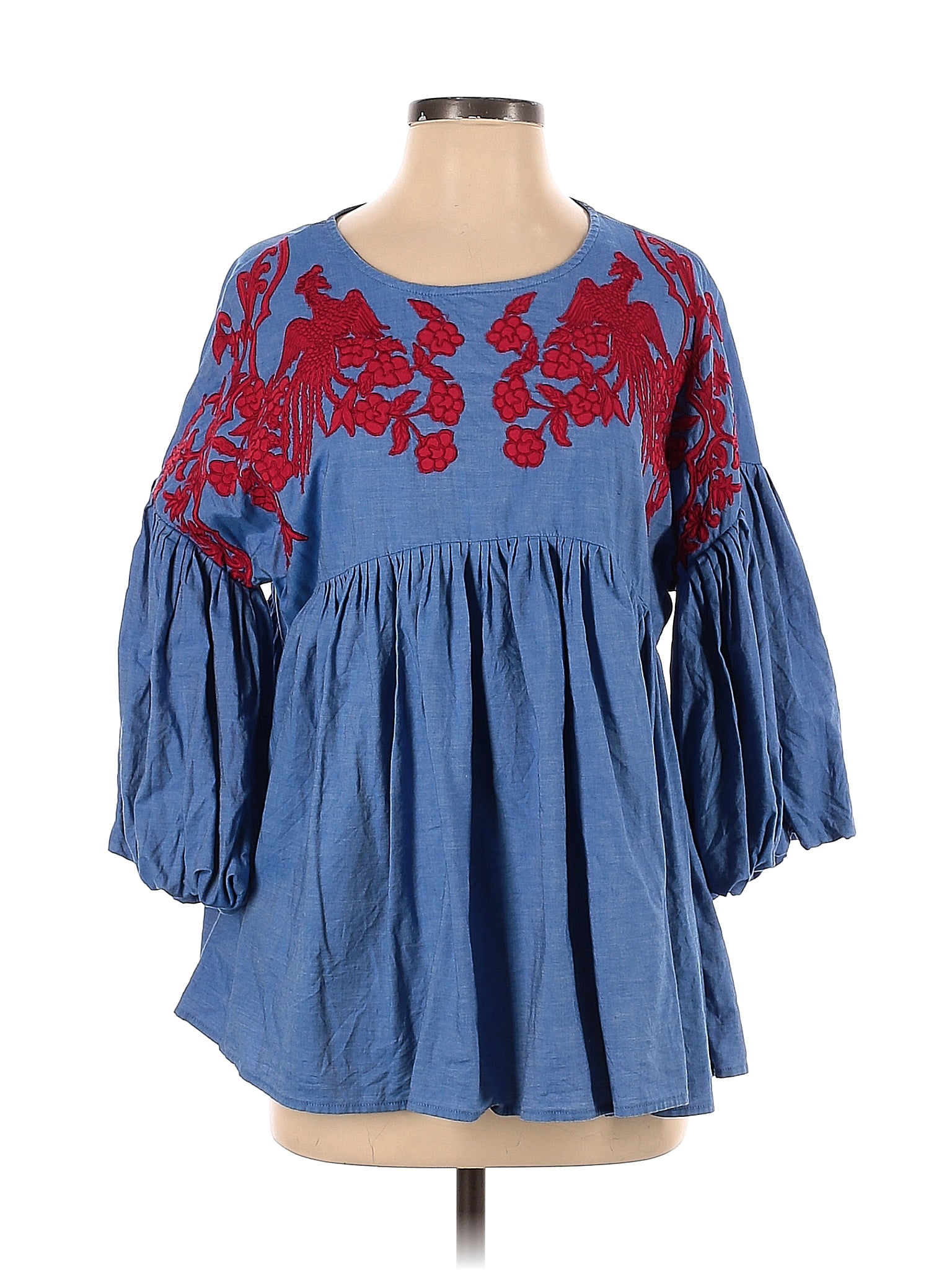 Hemant And Nandita 100% Cotton Floral Blue 3/4 Sleeve Blouse Size S ...
