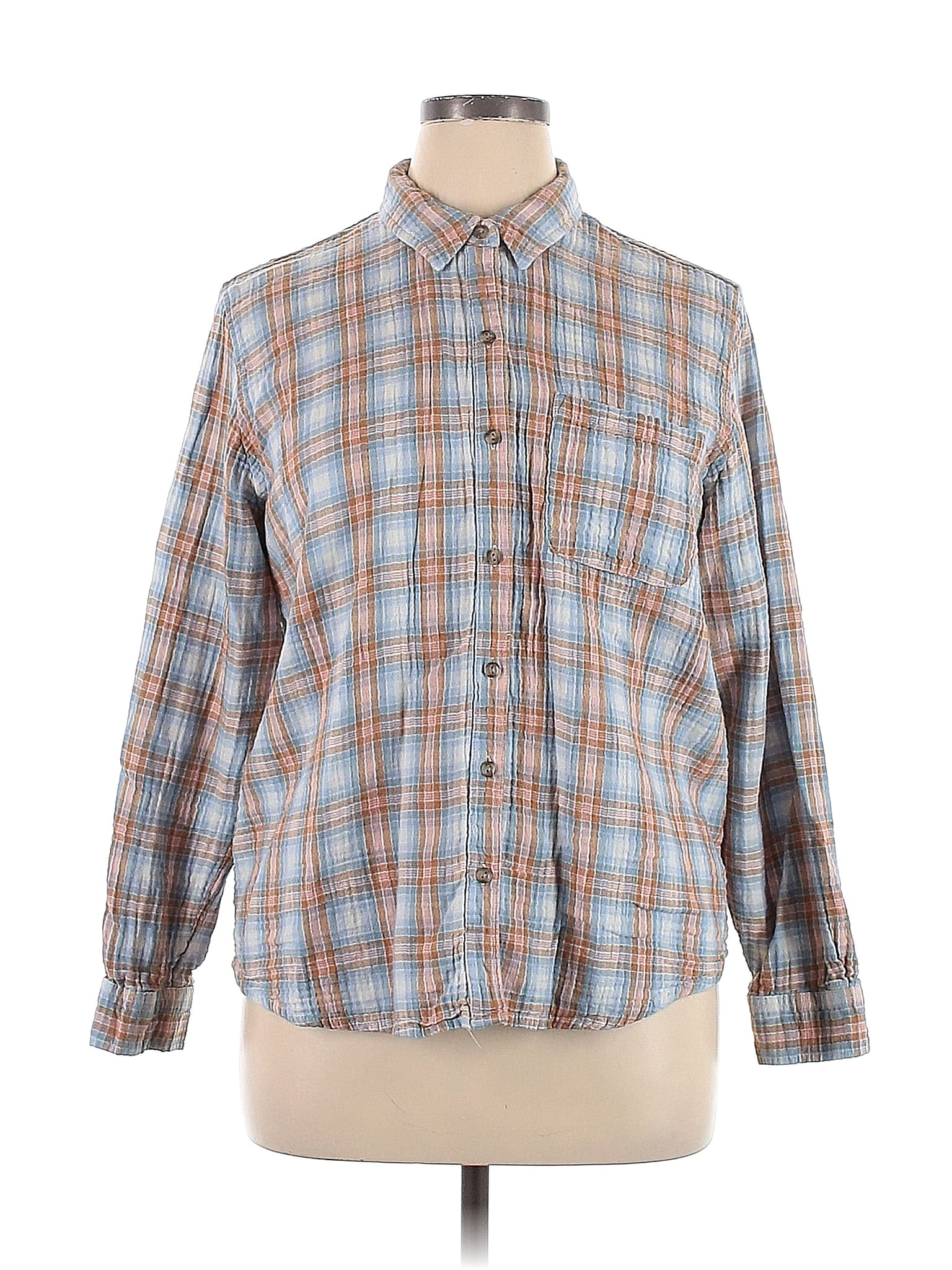 Universal Thread 100% Cotton Plaid Blue Long Sleeve Button-Down Shirt ...