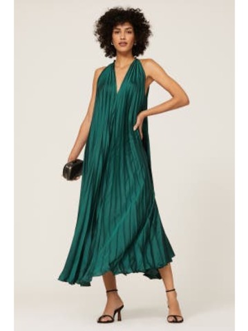 Tome Collective 100% Polyester Solid Green Pleated Halter Dress