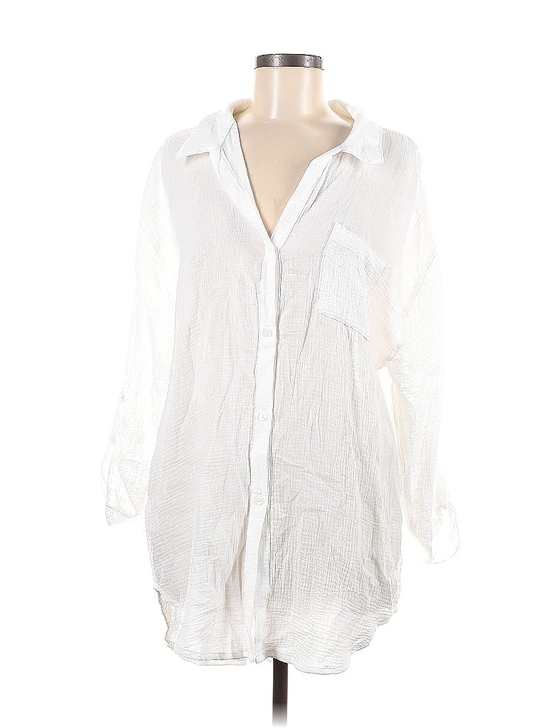 Kona Sol 100% Cotton Solid White Long Sleeve Button-Down Shirt Size M ...