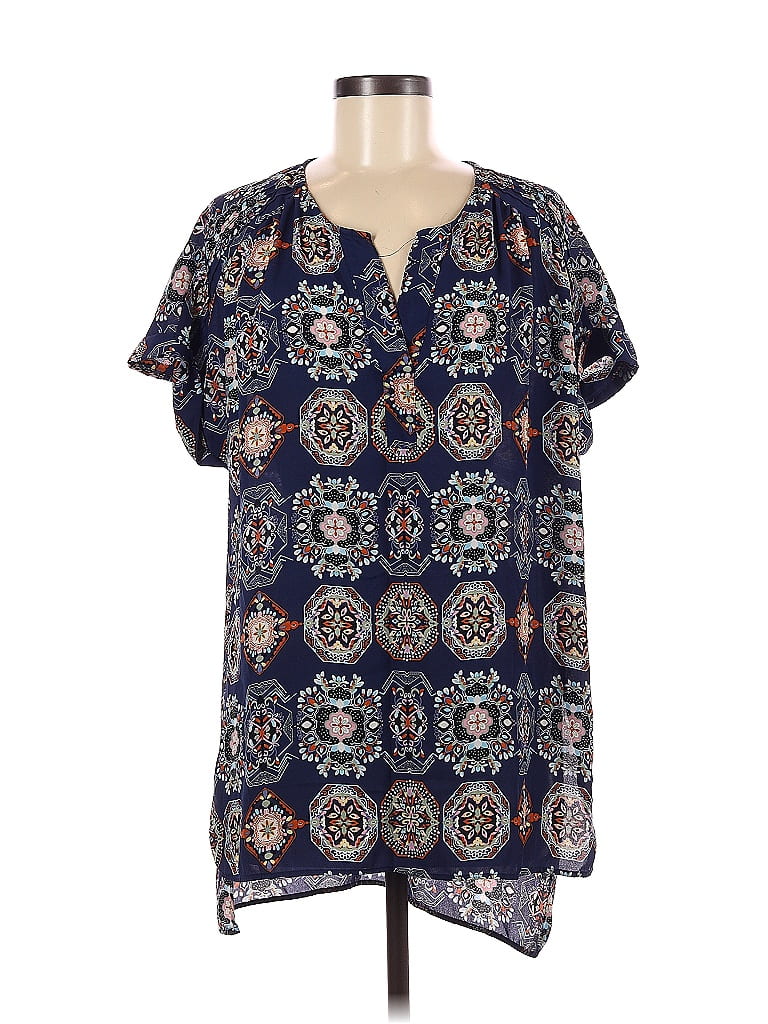 DR2 100% Polyester Multi Color Blue Short Sleeve Blouse Size L - 67% ...