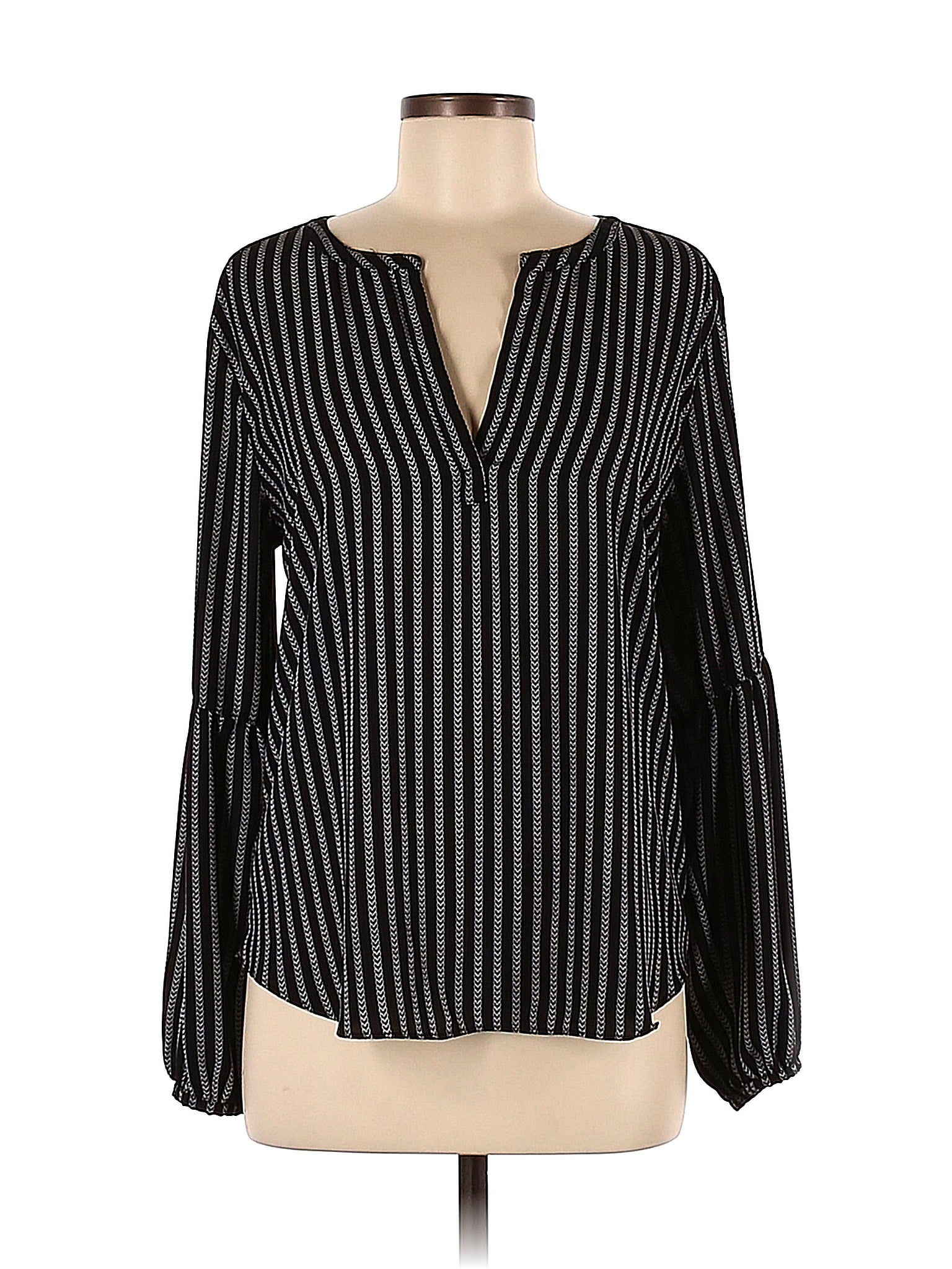 Ann Taylor LOFT 100% Polyester Stripes Black Long Sleeve Blouse Size M ...