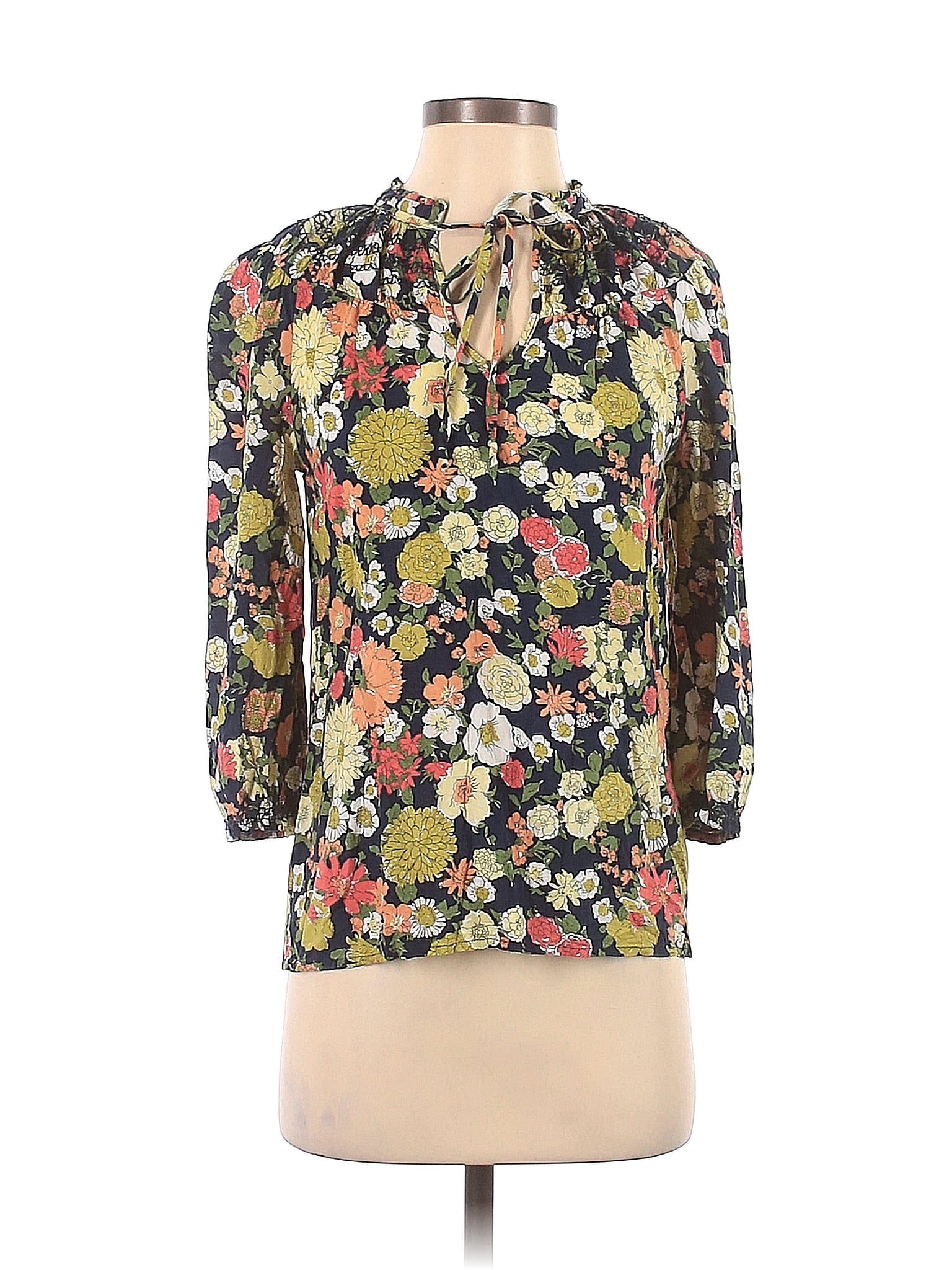 Odille 100 Rayon Floral Multi Color Black Long Sleeve Blouse Size 2