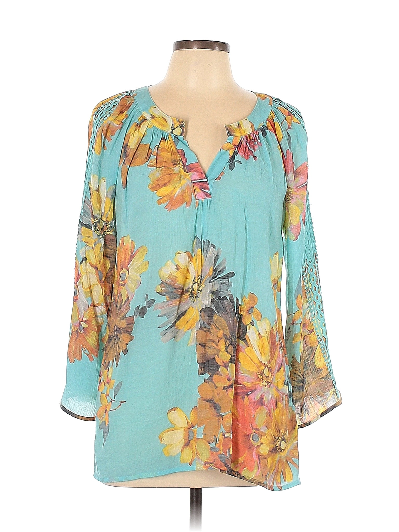 Spense Floral Teal Long Sleeve Blouse Size L 64 Off Thredup