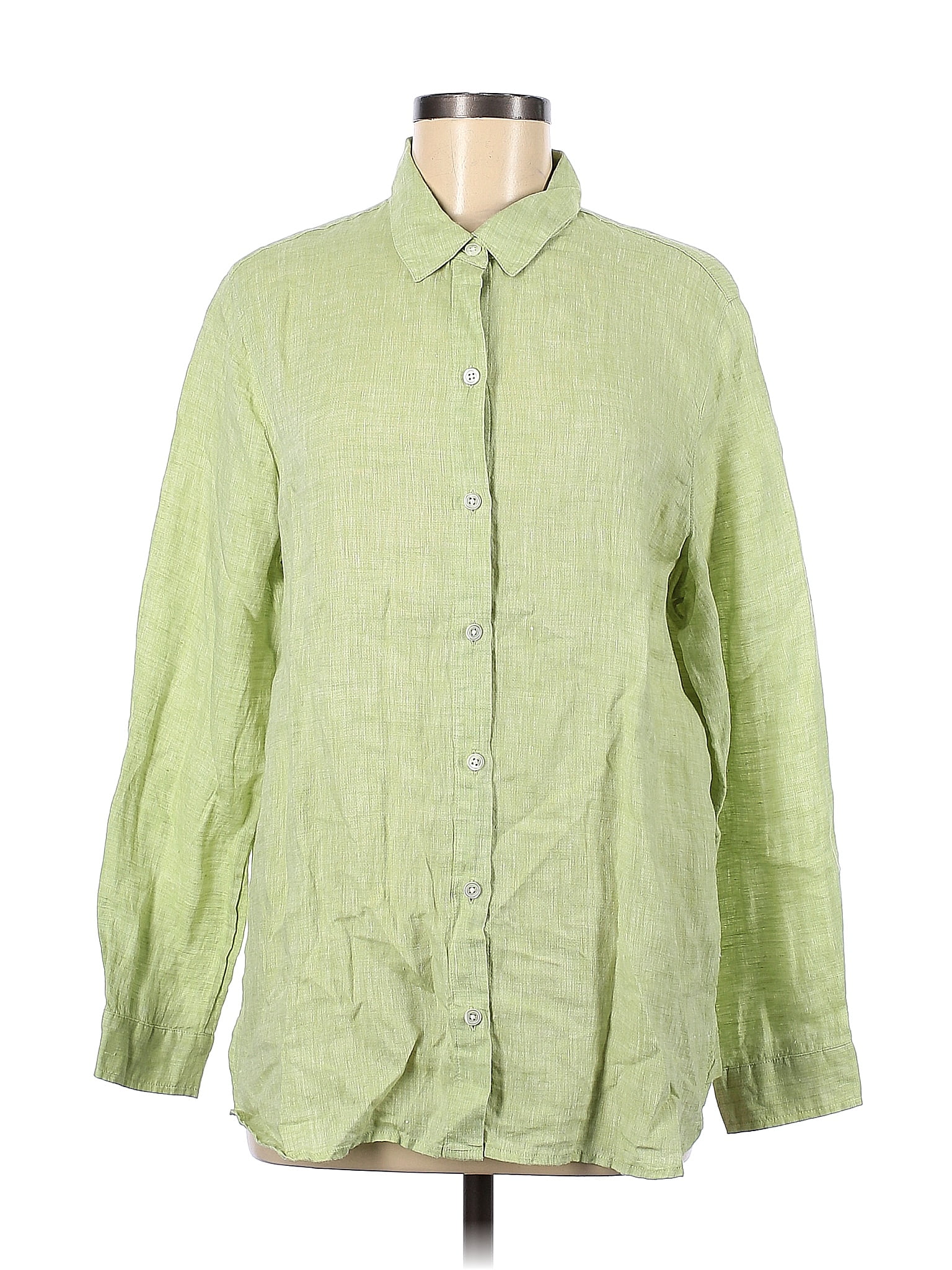 J.Jill 100% Linen Checkered-gingham Green Long Sleeve Button-Down Shirt ...