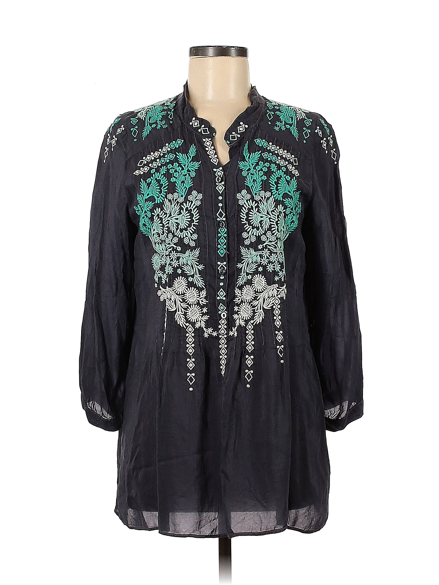 Johnny Was 100% Polyester Floral Teal Long Sleeve Blouse Size M - 71% ...