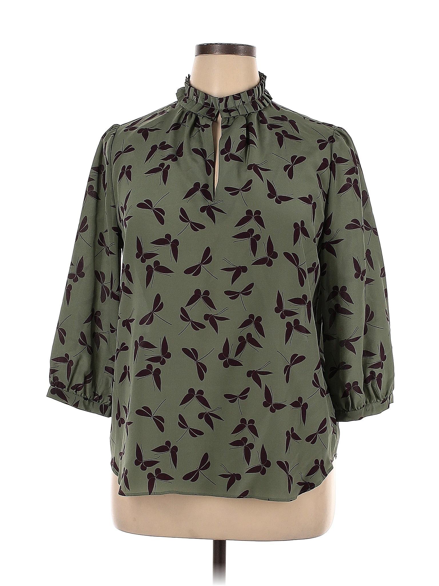 Haut Femme Basic Editions Taille 2XL - Vert Olive - Manches 3/4 - Col V - Broderie Fleur - Neuf Avec étiquettes