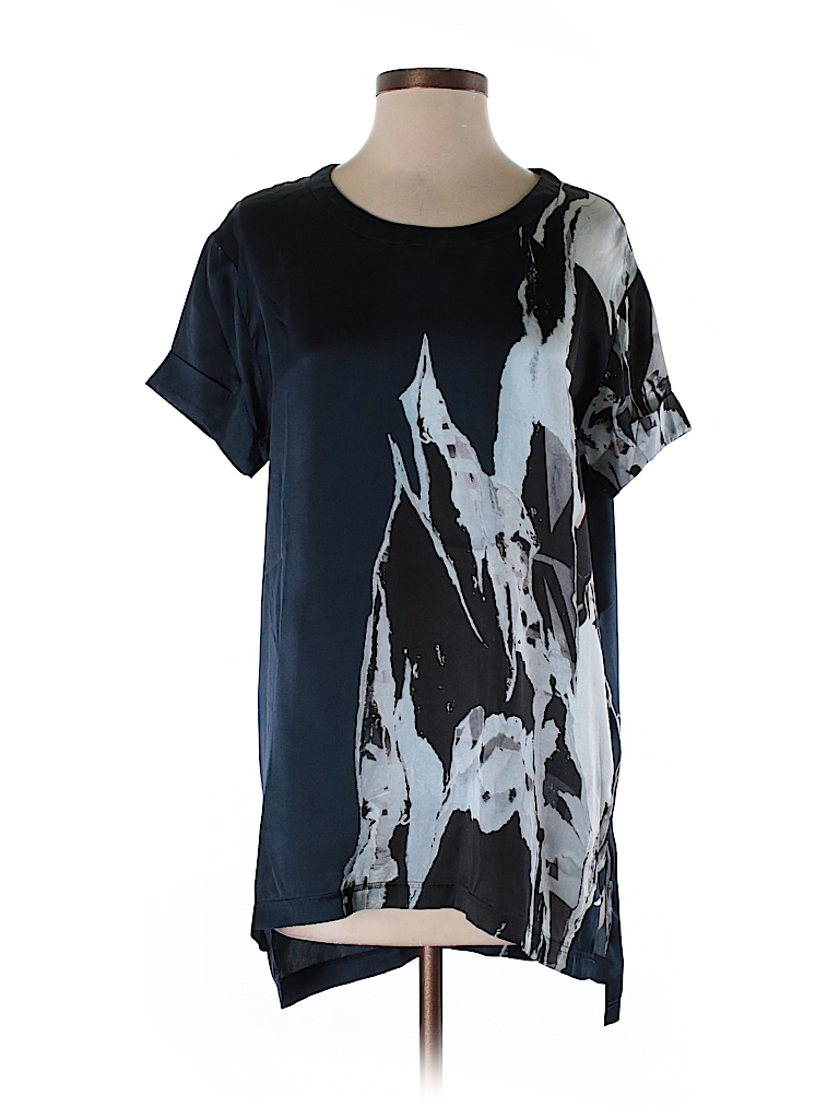 ALLSAINTS 100% Silk Print Navy Blue Short Sleeve Silk Top Size 4 - 85% ...