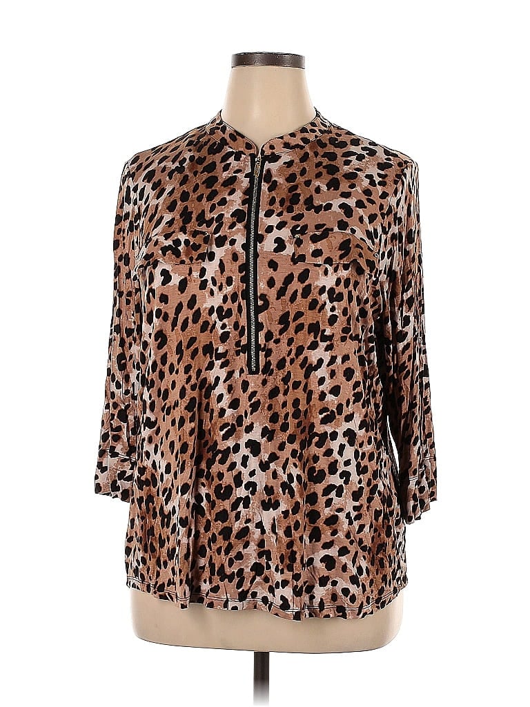 Calvin Klein Animal Print Leopard Print Brown Long Sleeve Blouse Size 1X (Plus) - photo 1