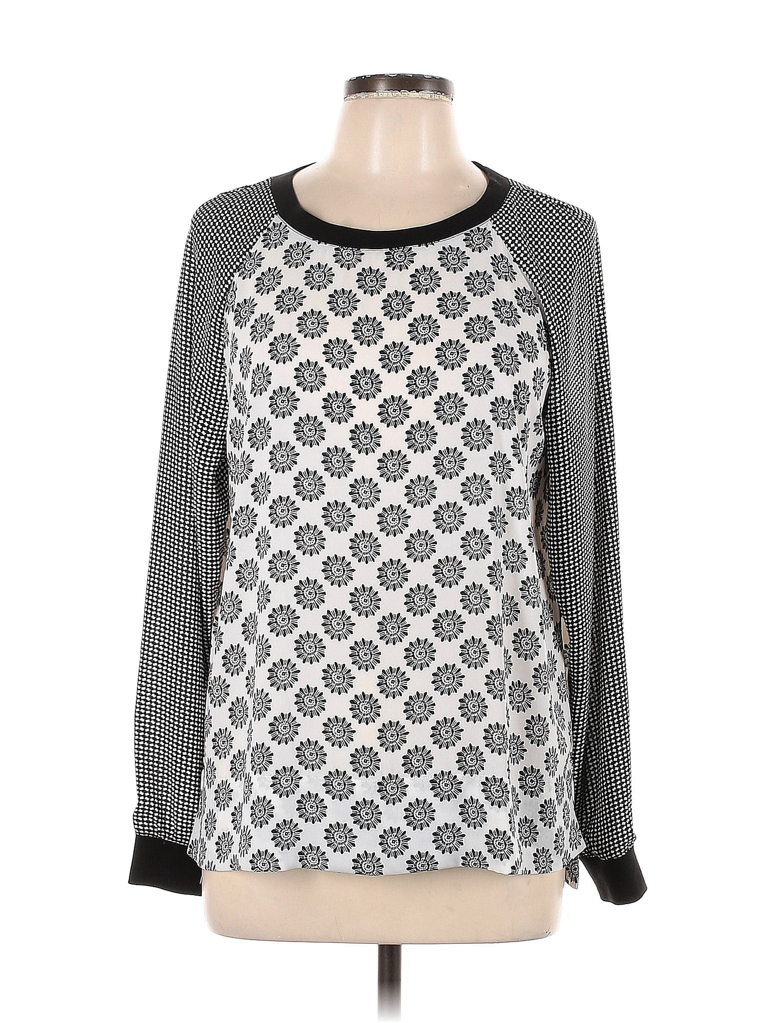 Ann Taylor Loft 100 Polyester Color Block Polka Dots Gray Long Sleeve