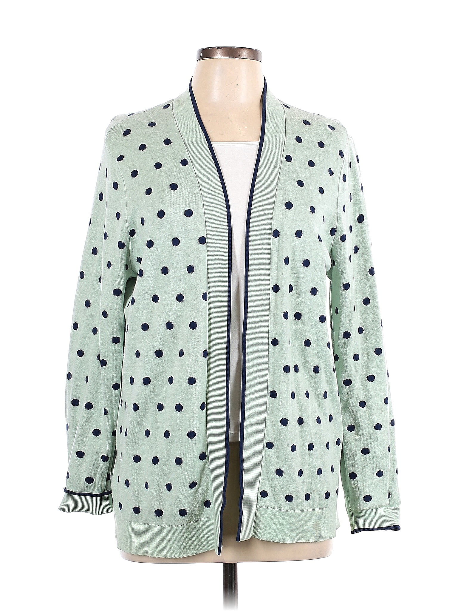 Lands' End 100 Cotton Color Block Polka Dots Green Cardigan Size L