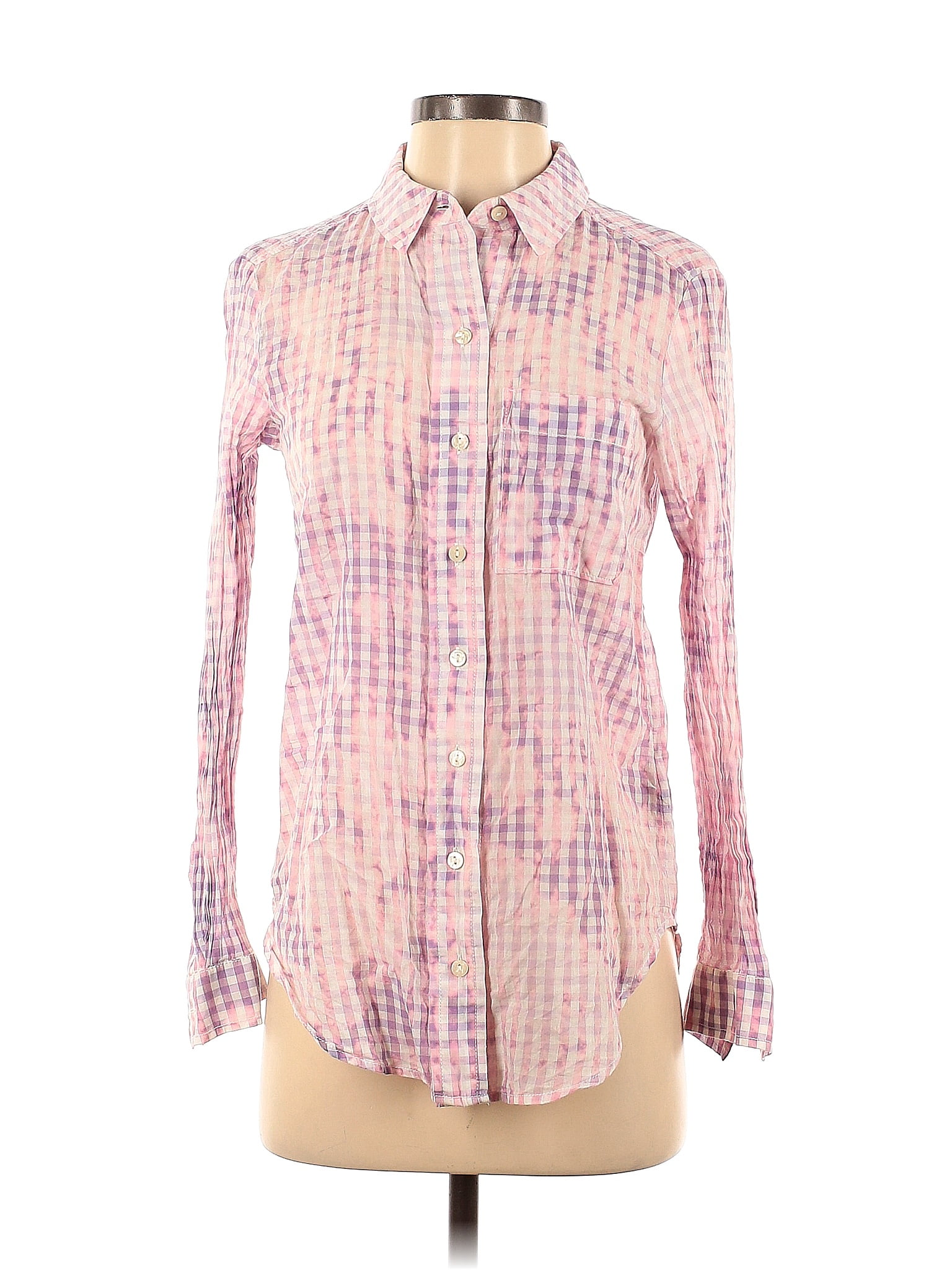 Pilcro by Anthropologie 100% Cotton Checkered-gingham Pink Long Sleeve ...