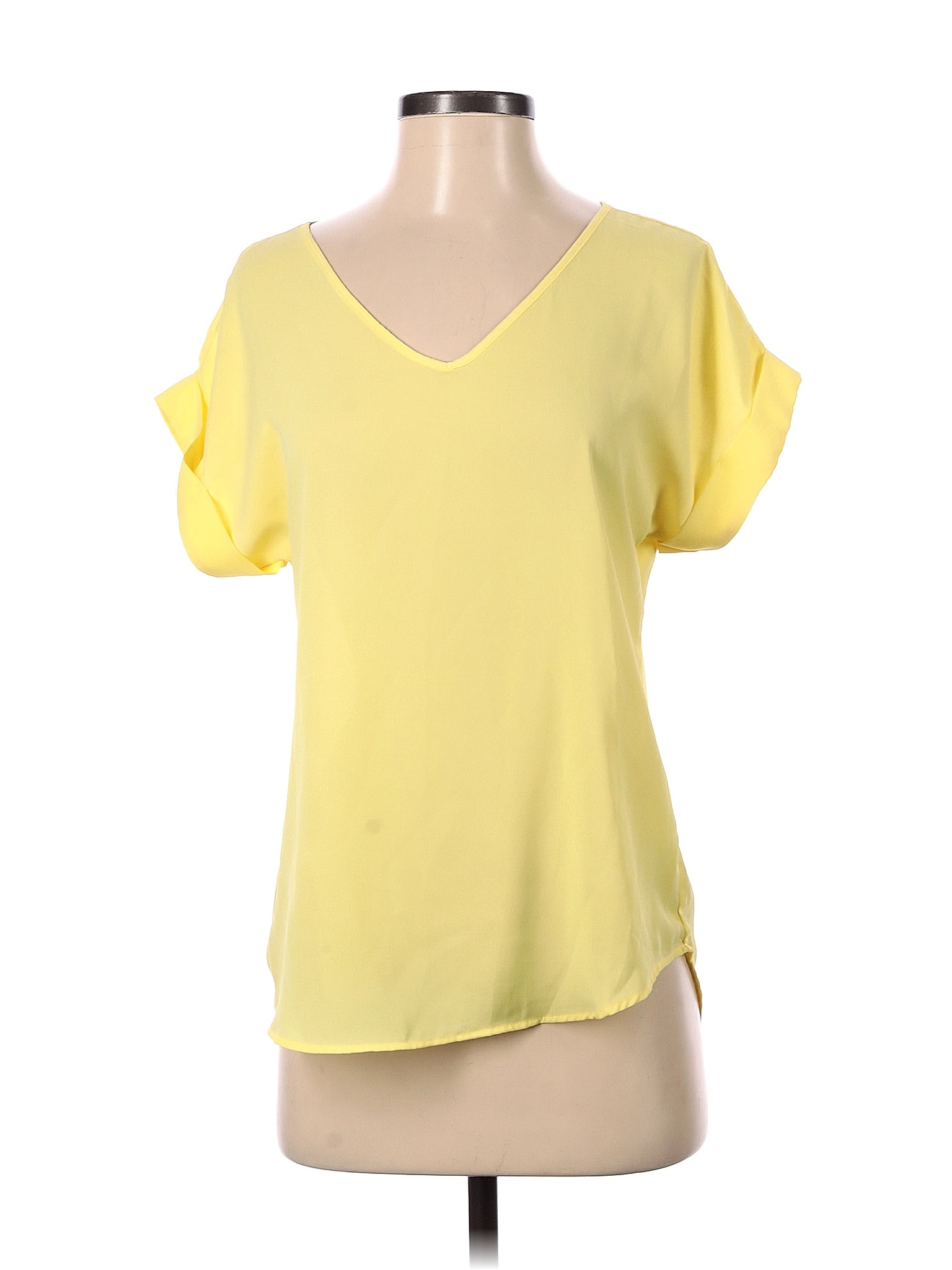 Pink Rose 100 Polyester Solid Yellow Short Sleeve Blouse Size S 65