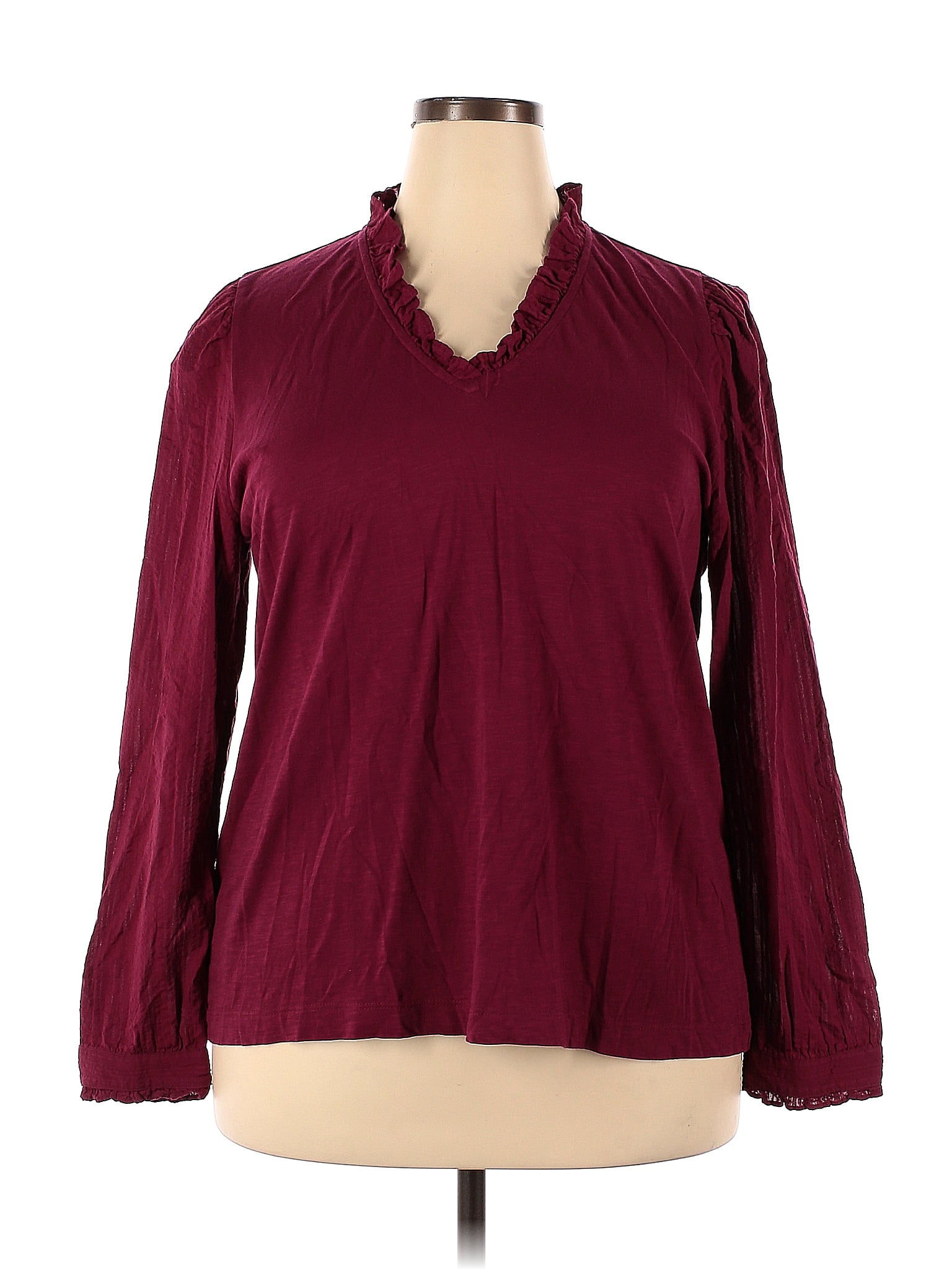 Ann Taylor Loft 100 Cotton Solid Maroon Burgundy Long Sleeve Top Size