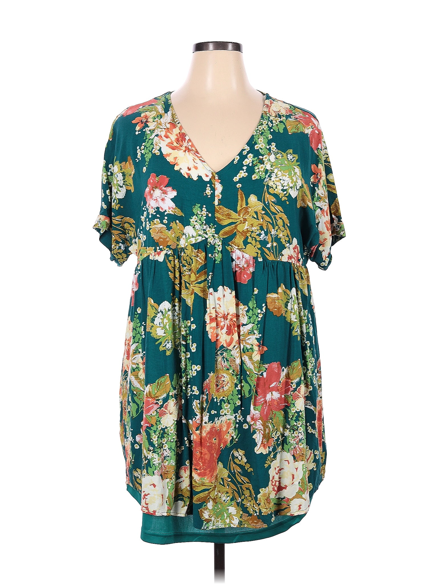 Andree by UNIT 100% Rayon Floral Teal Short Sleeve Top Size 1X (Plus ...