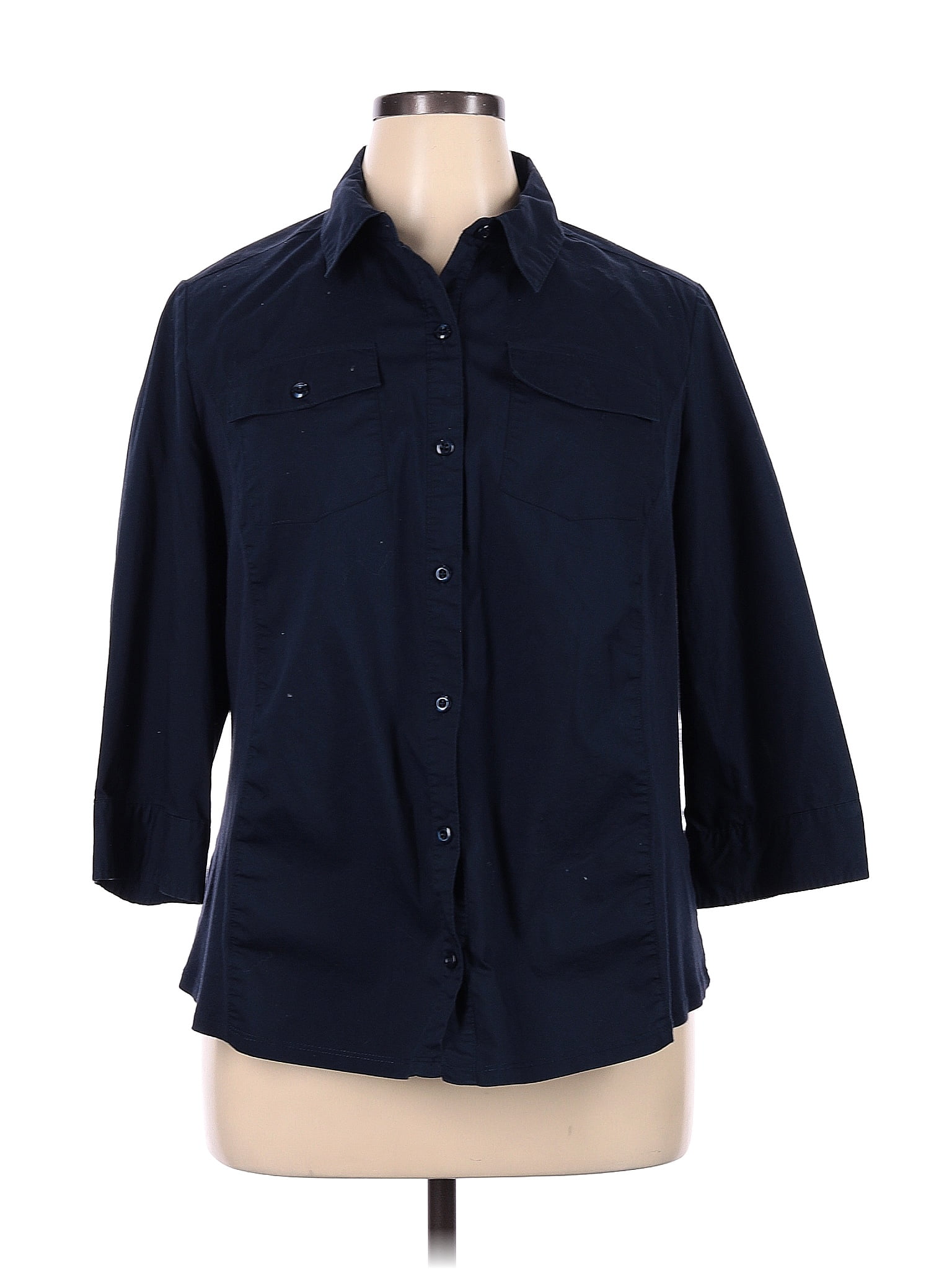 Cj Banks Solid Navy Blue 3 4 Sleeve Button Down Shirt Size 1X