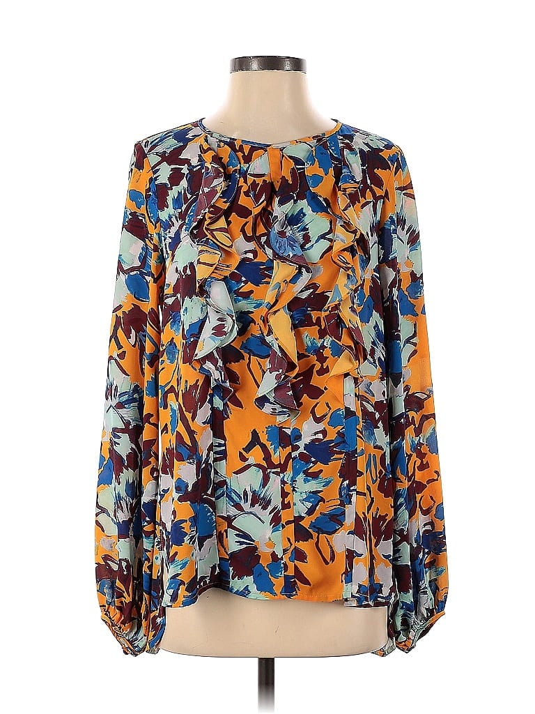 Prabal Gurung Collective 100% Polyester Orange Yellow Ochre Floral Ruffle Front Blouse Size 8 - photo 1