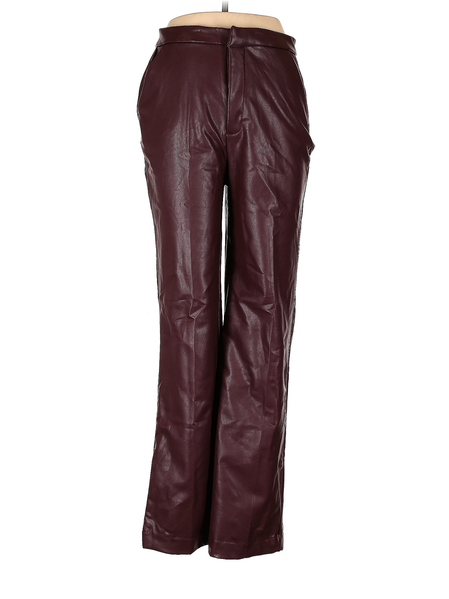 Maroon Faux Leather High Rise Straight Pants