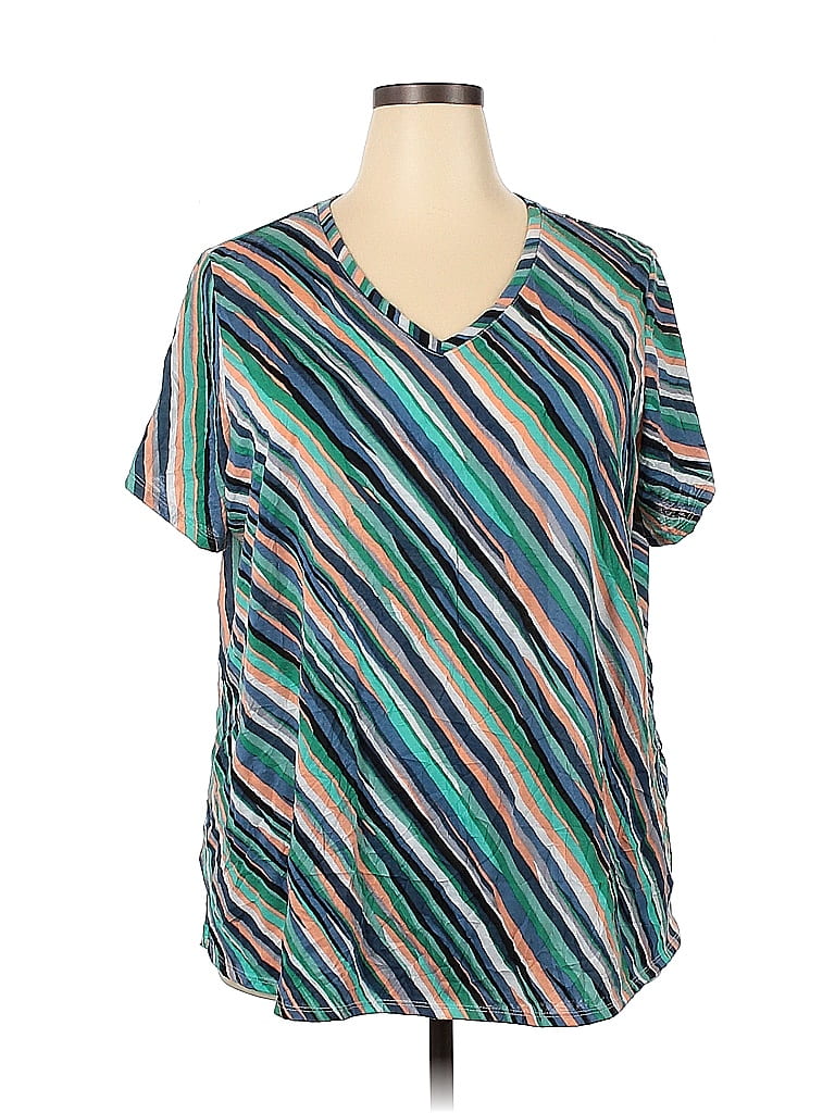 Evri 100% Polyester Stripes Teal Short Sleeve T-Shirt Size 2X