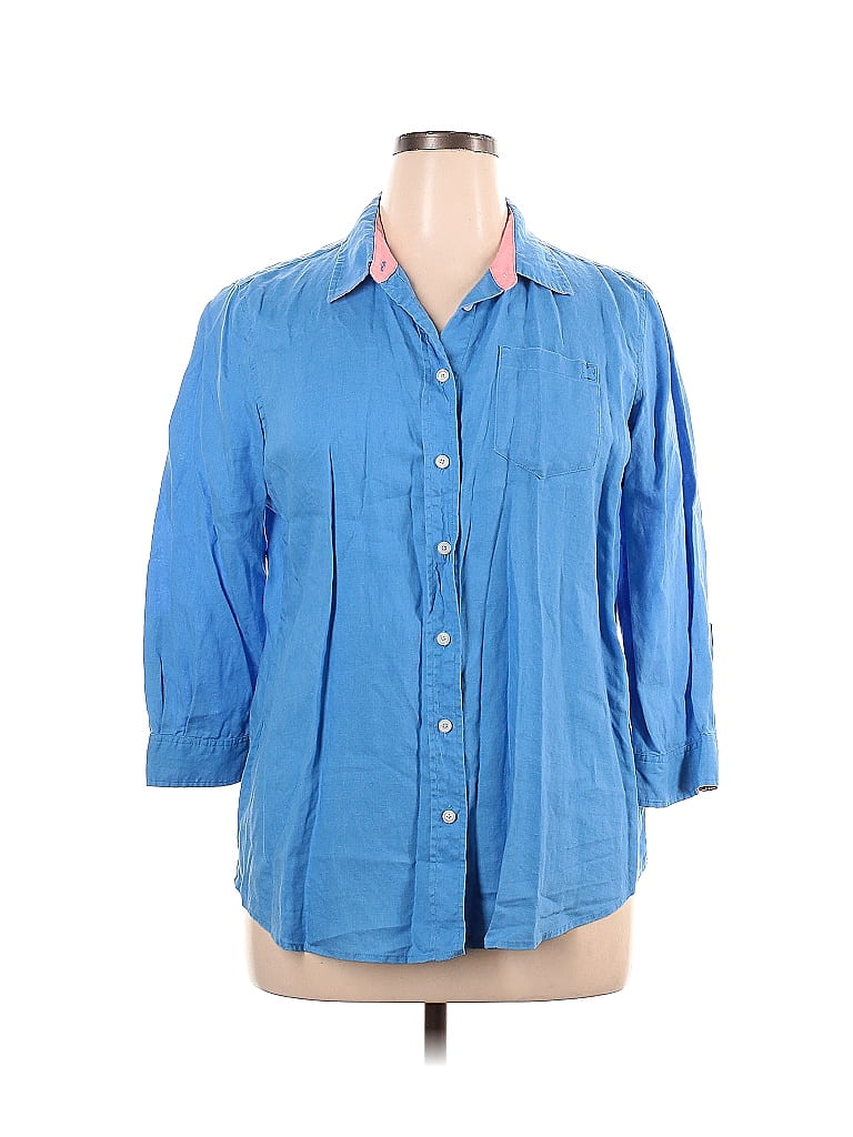 blue linen blend button long sleeve shirt ... plus /XL ,,, main image 1