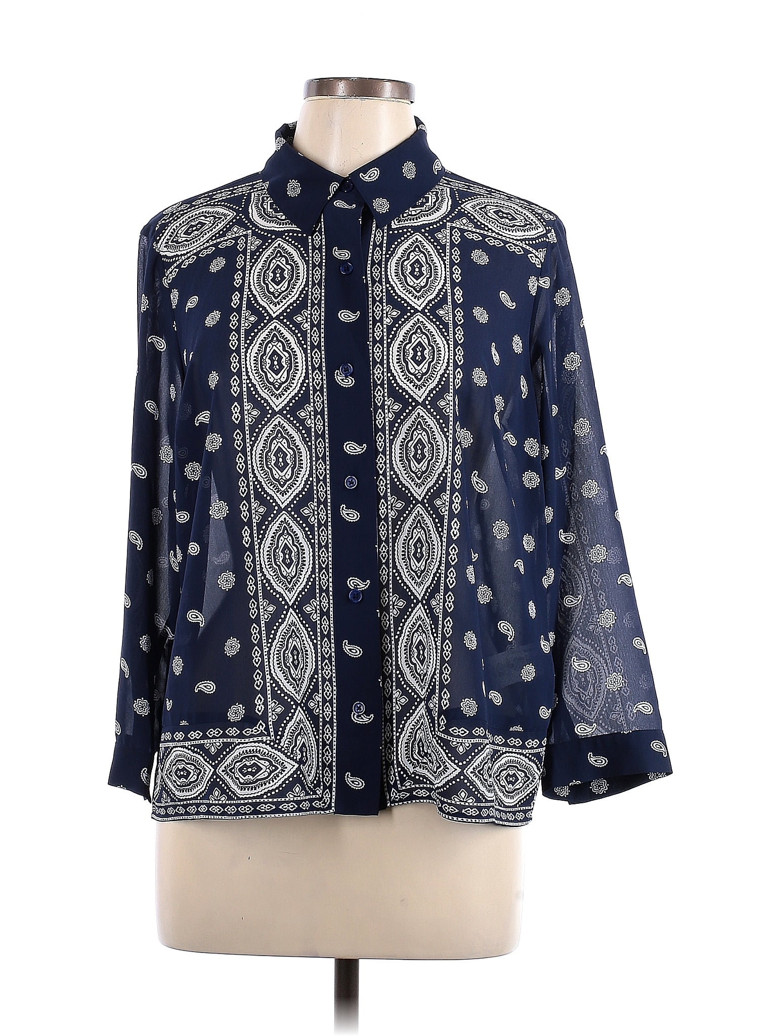 Michael Michael Kors 100 Polyester Paisley Navy Blue Long Sleeve