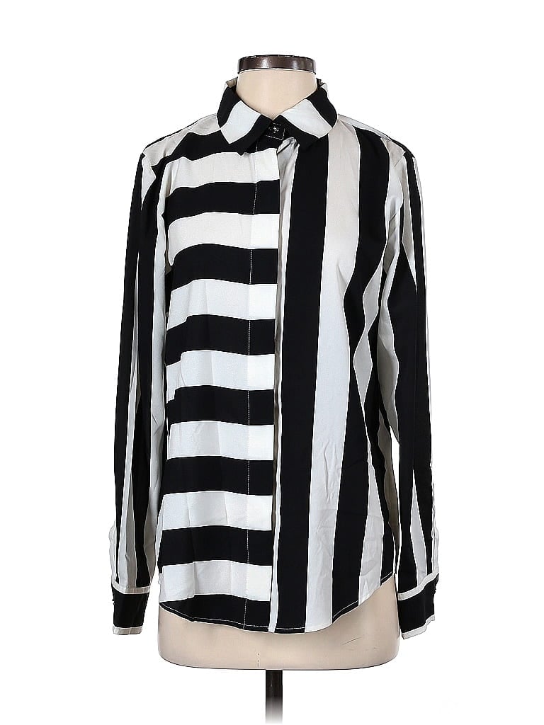 DKNY 100% Polyester Stripes Zebra Print Silver Long Sleeve Blouse Size S - photo 1