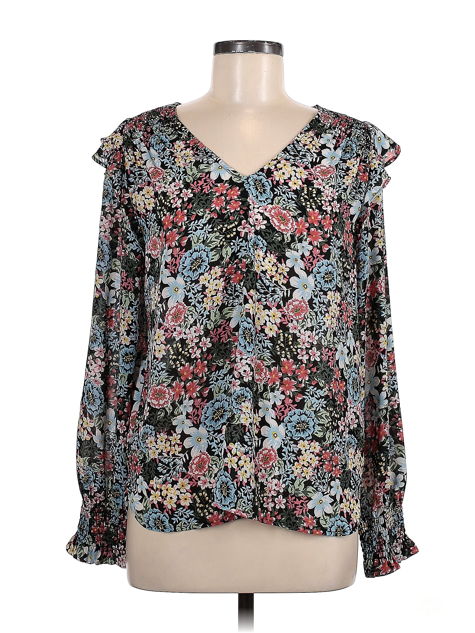 Ann Taylor LOFT 100% Polyester Floral Multi Color Blue Long Sleeve