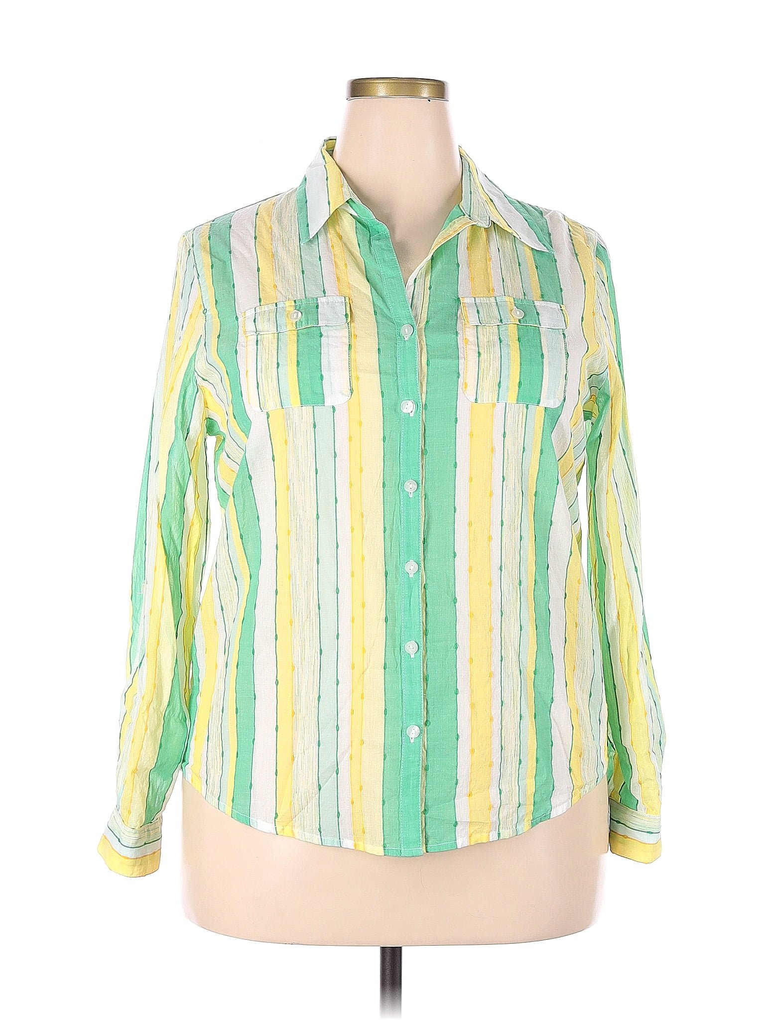 Alfred Dunner 100% Cotton Stripes Green Long Sleeve Button-Down Shirt ...