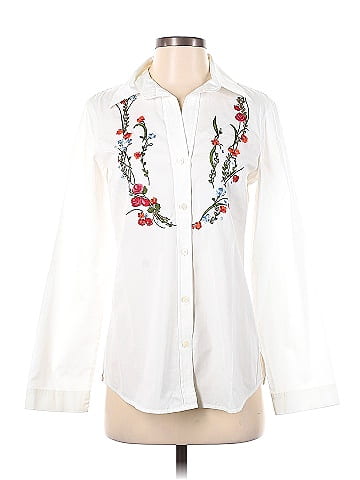 Adrienne Vittadini 100% Cotton Floral White Long Sleeve Button-Down Shirt  Size 4 - 73% off