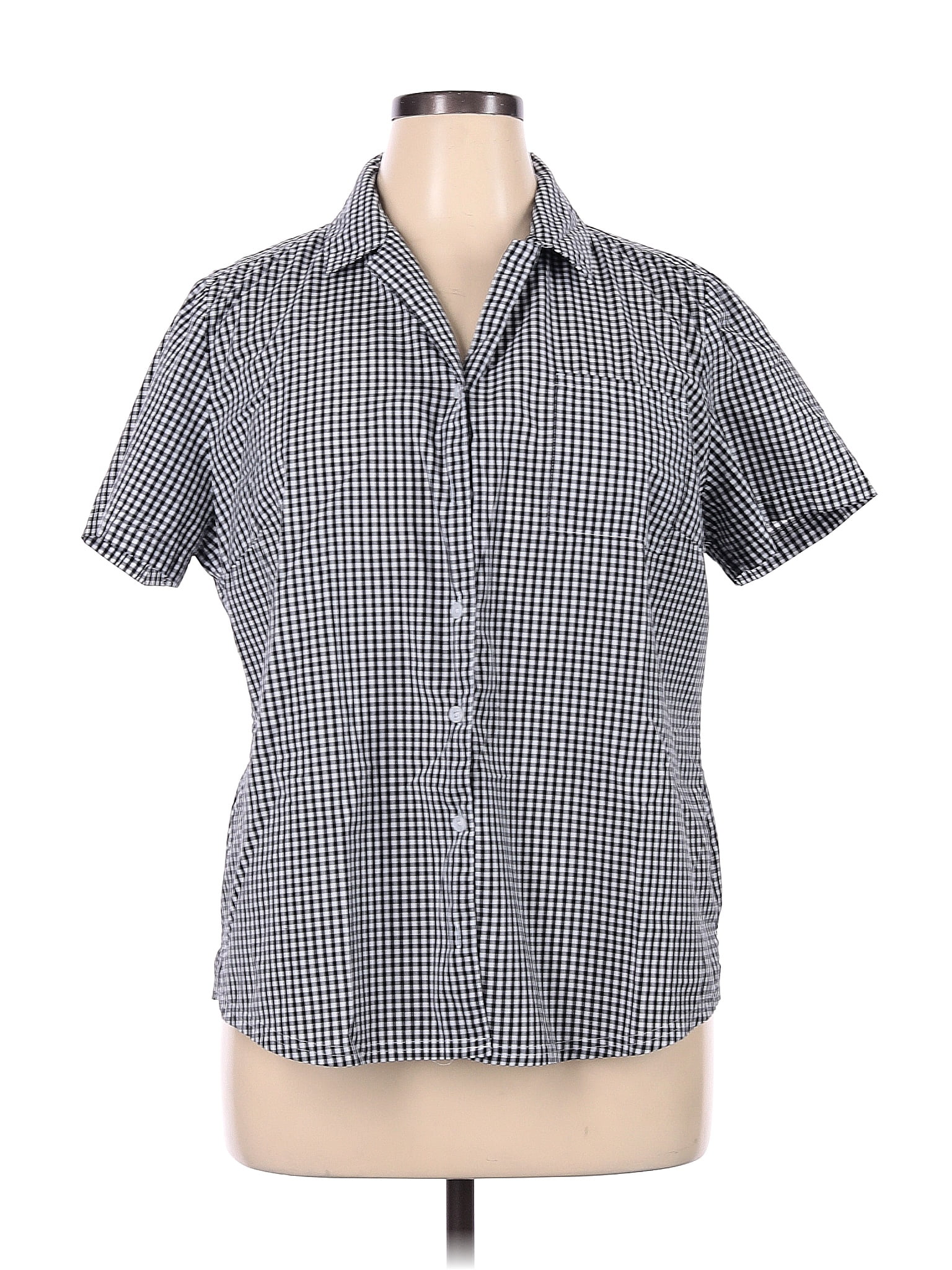 Karen Scott Checkered-gingham Multi Color Black Short Sleeve Button ...