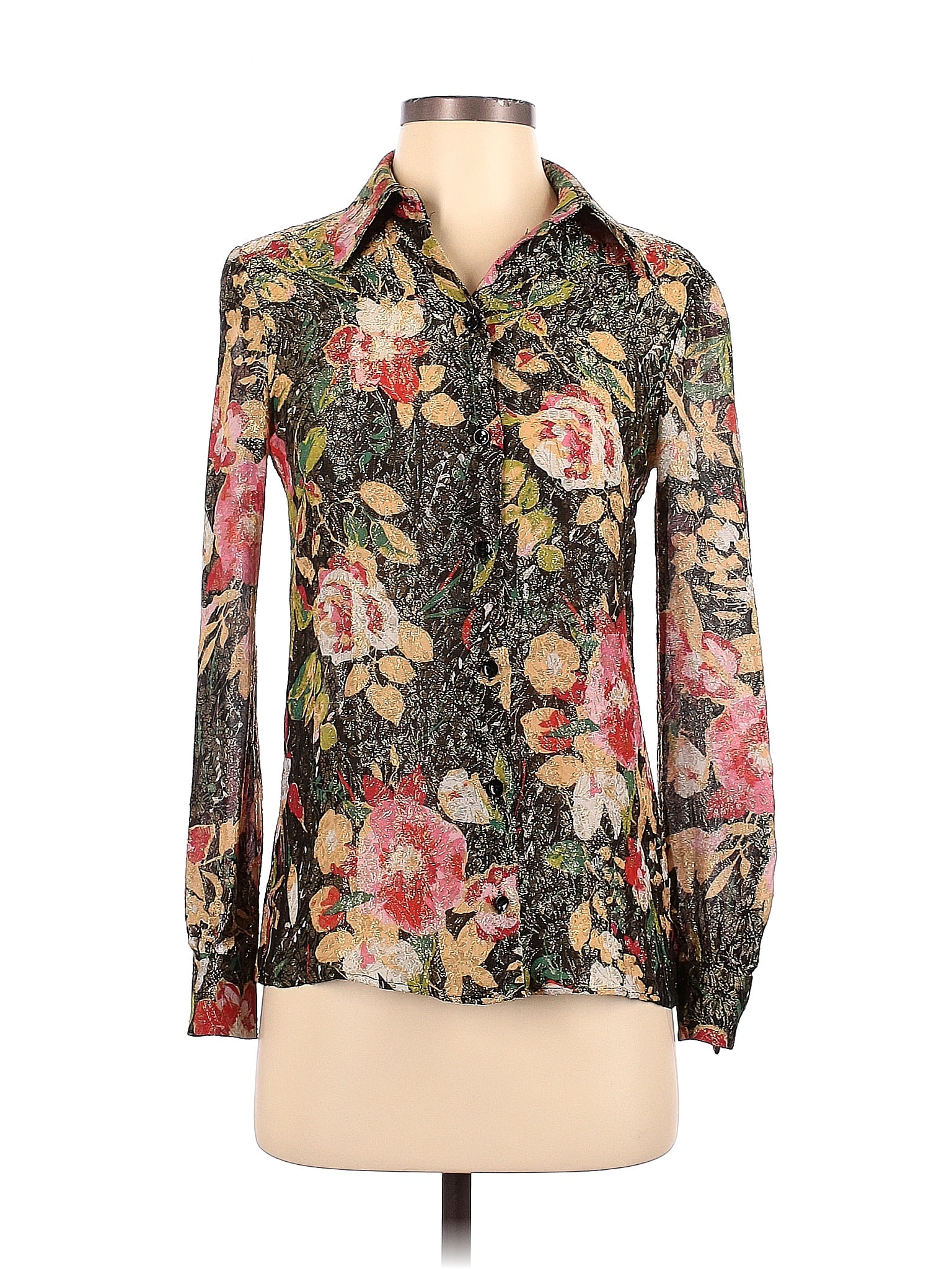 Saint Laurent Floral Multi Color Black Long Sleeve Blouse Size 34 Fr