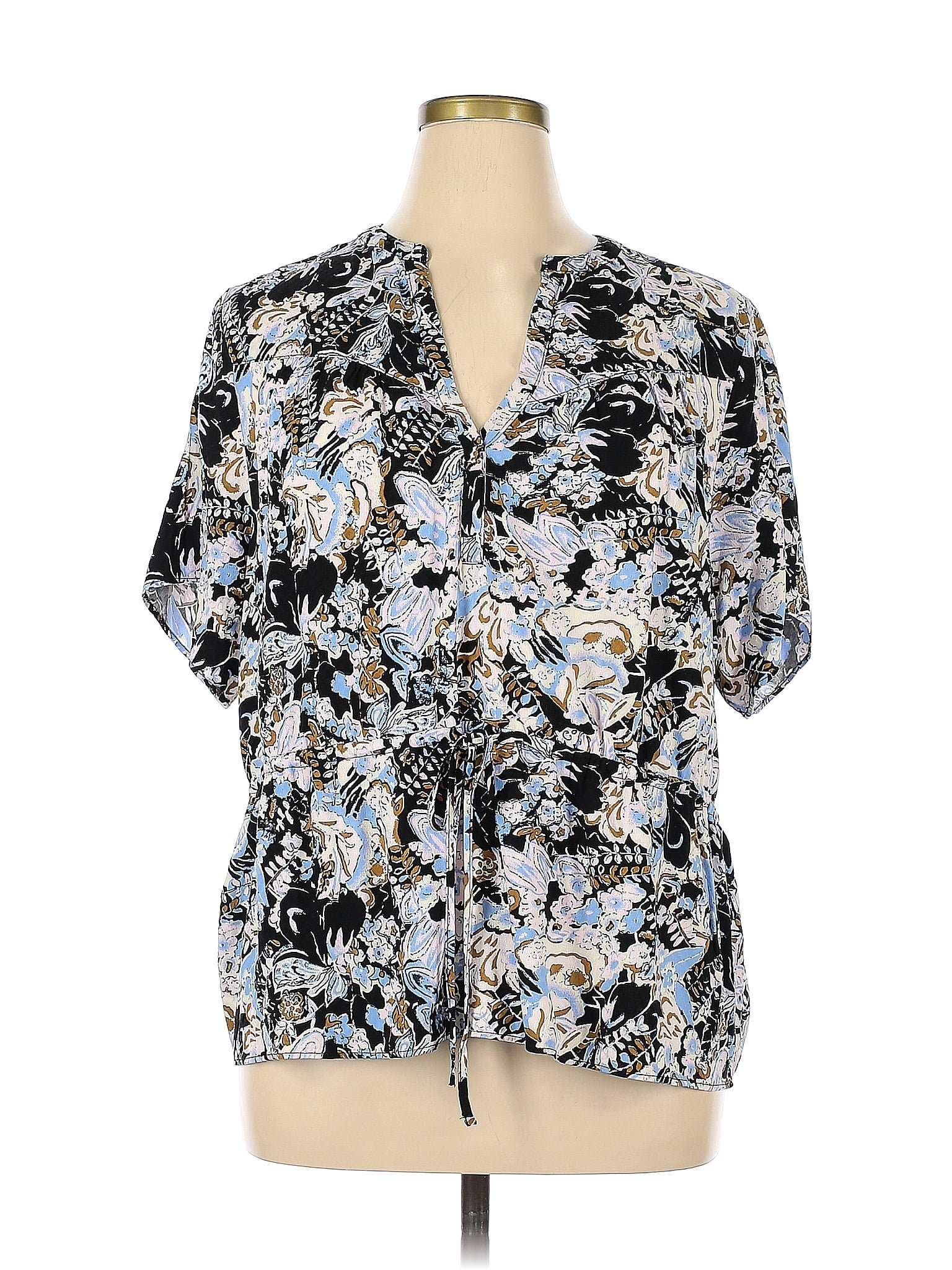 Treasure And Bond 100 Viscose Floral Blue Short Sleeve Blouse Size Xl