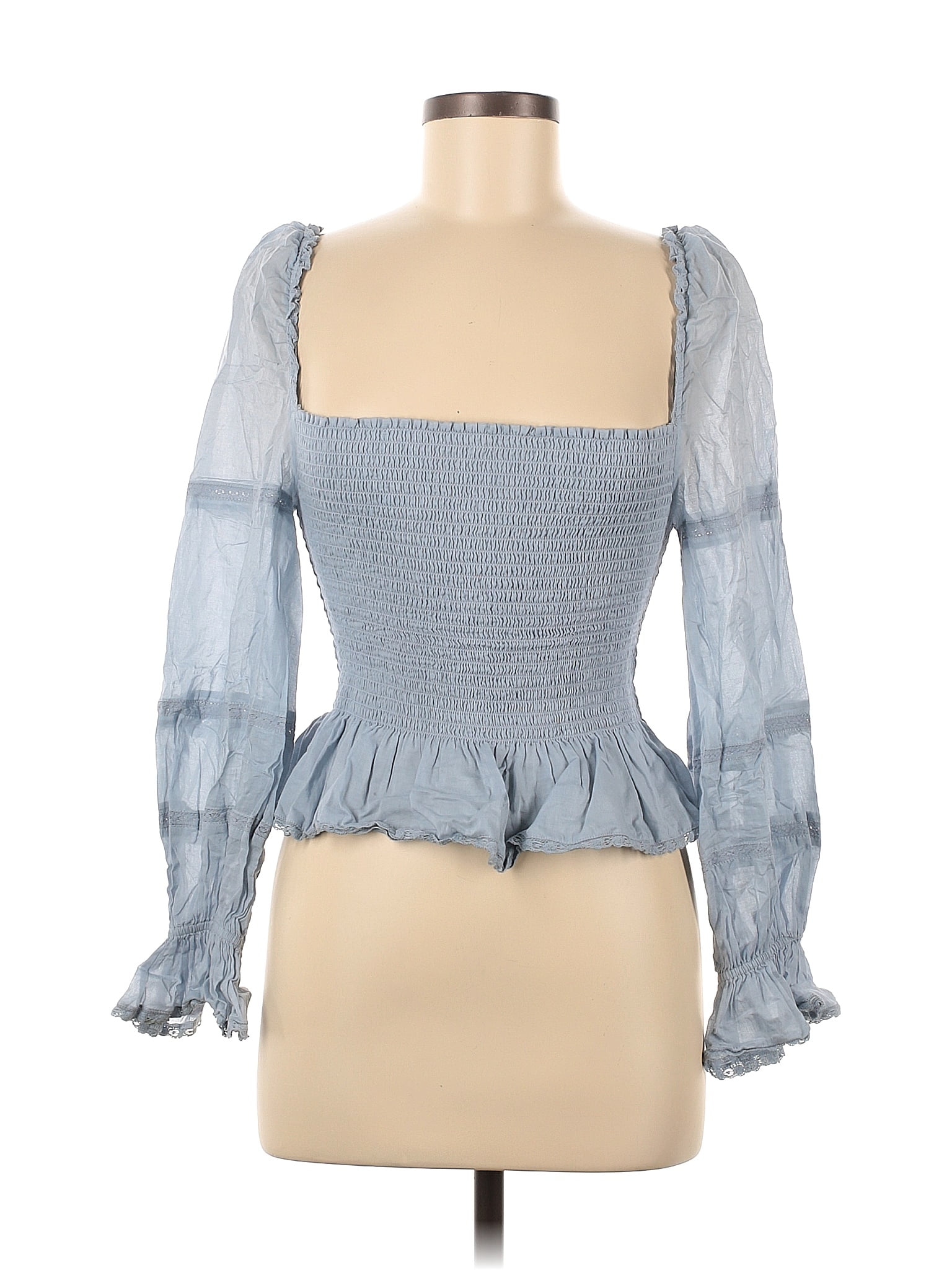 Reformation 100% Cotton Checkered-gingham Blue Long Sleeve Blouse Size ...