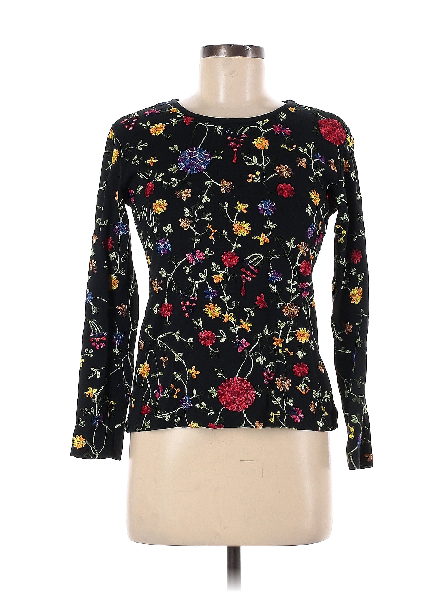 Chico's 100% Cotton Color Block Floral Black Pullover Sweater Size Sm ...