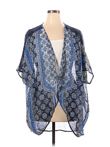 Catherines 100% Polyester Multi Color Blue Kimono Size 1X (Plus) - 60% off