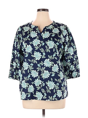 Croft Barrow 100 Cotton Floral Blue 3 4 Sleeve Blouse Size XL