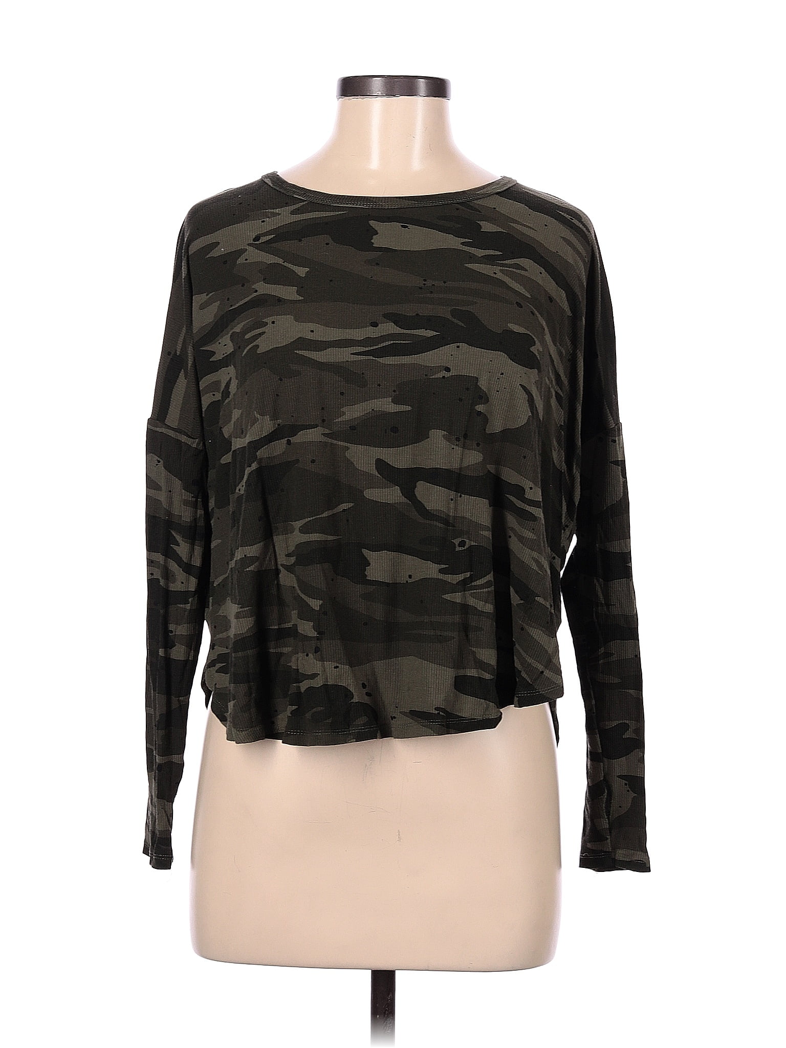 Theo & Spence Camo Color Block Green Black Long Sleeve T-shirt Size M 