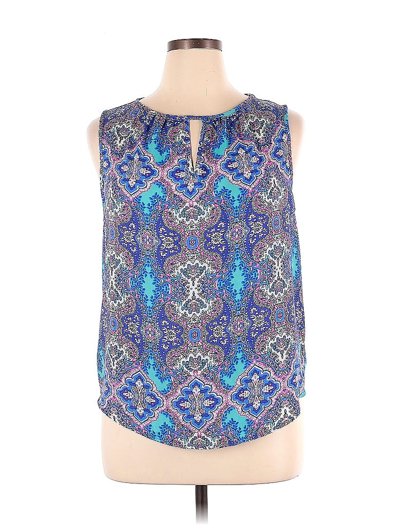 Renee C. 100% Polyester Print Multi Color Blue Sleeveless Blouse Size ...