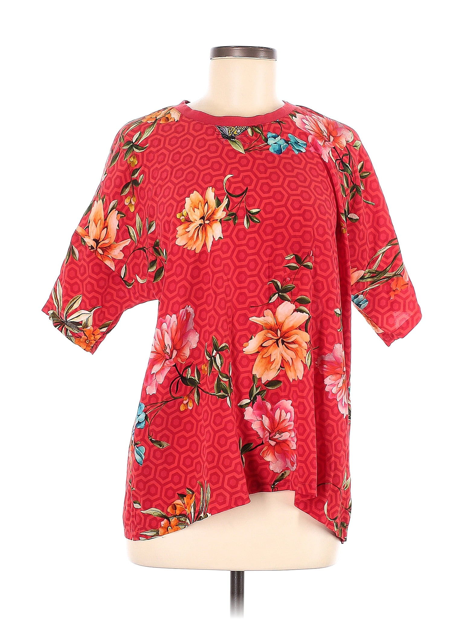 Johnny Was 100 Silk Floral Red Short Sleeve Blouse Size M 73 Off