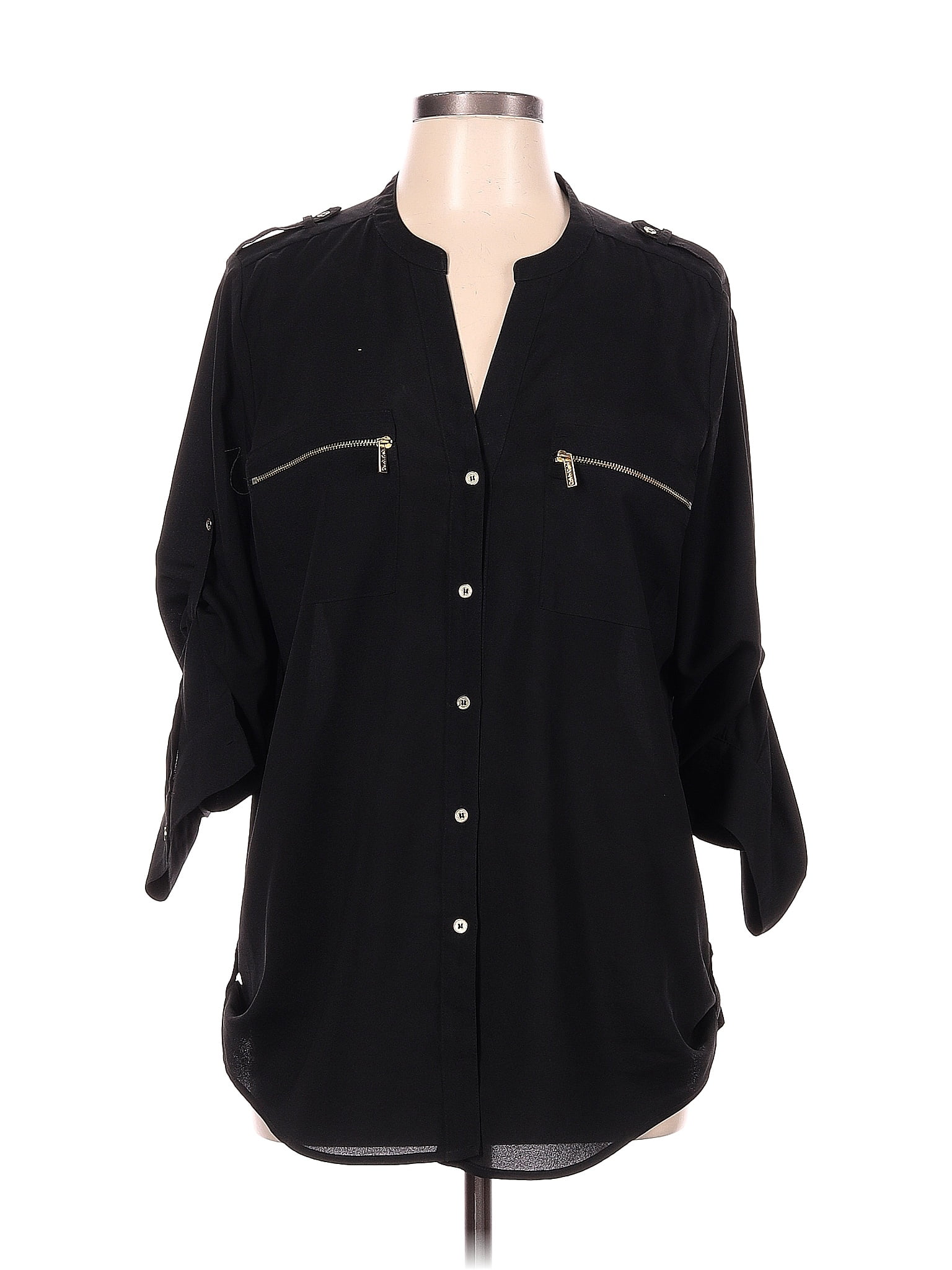 Calvin Klein 100 Polyester Solid Black Long Sleeve Blouse Size L 63