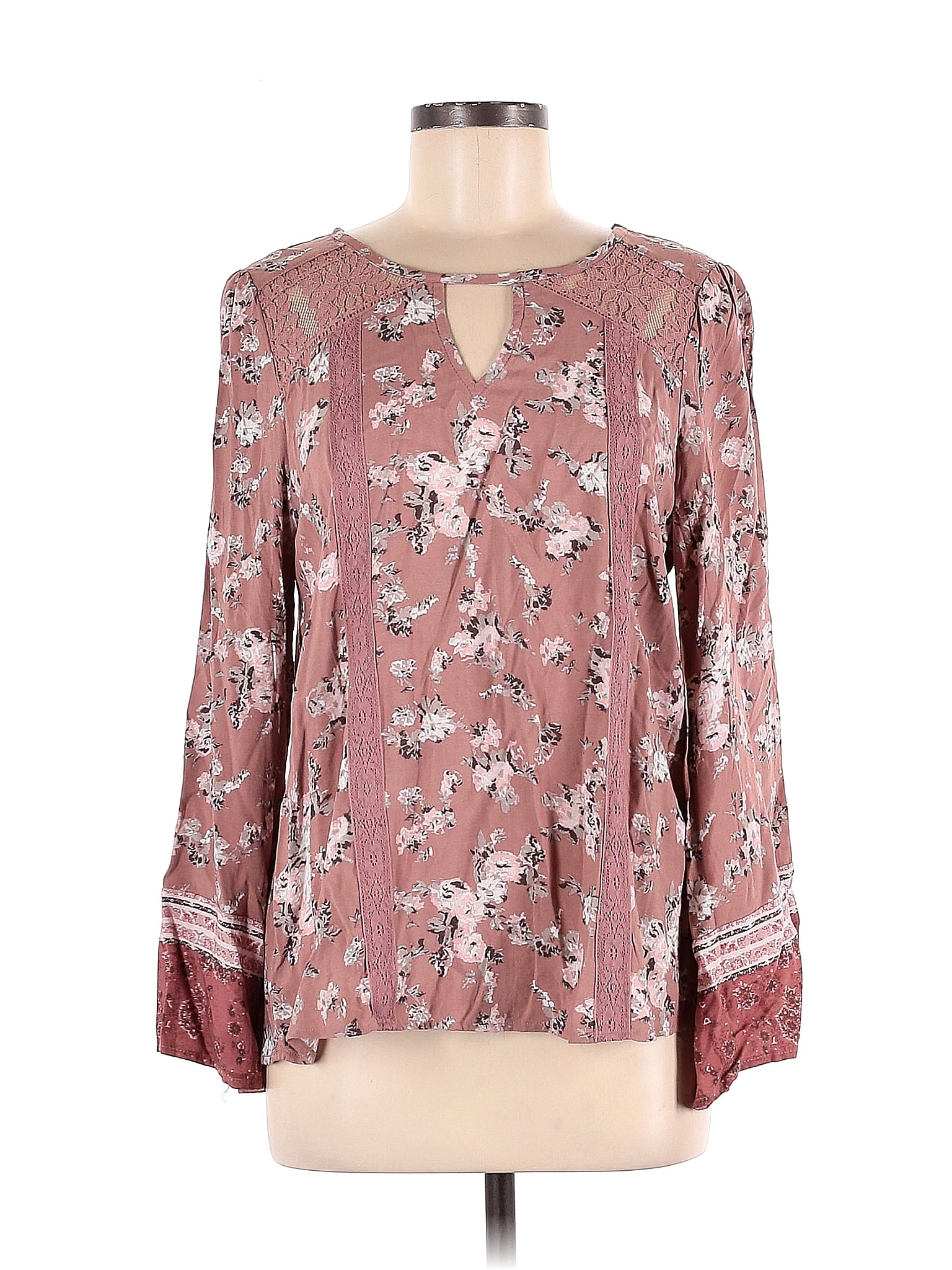 Maurices 100 Rayon Floral Burgundy Long Sleeve Blouse Size M 50 Off