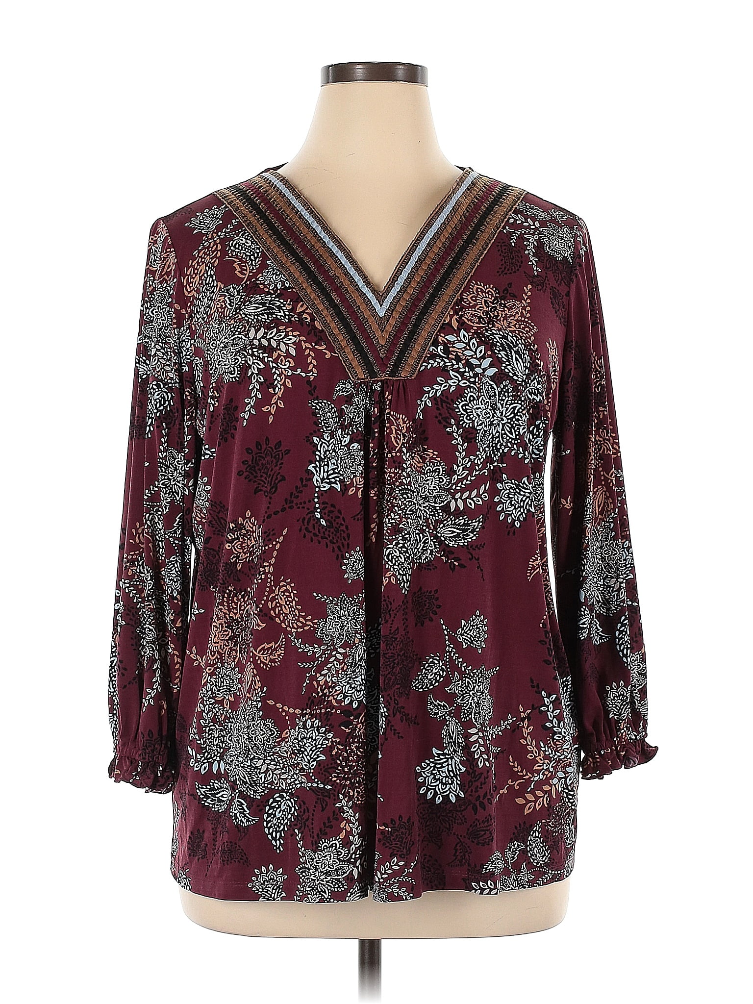 Susan Graver Floral Burgundy Long Sleeve Blouse Size 1x Plus 64