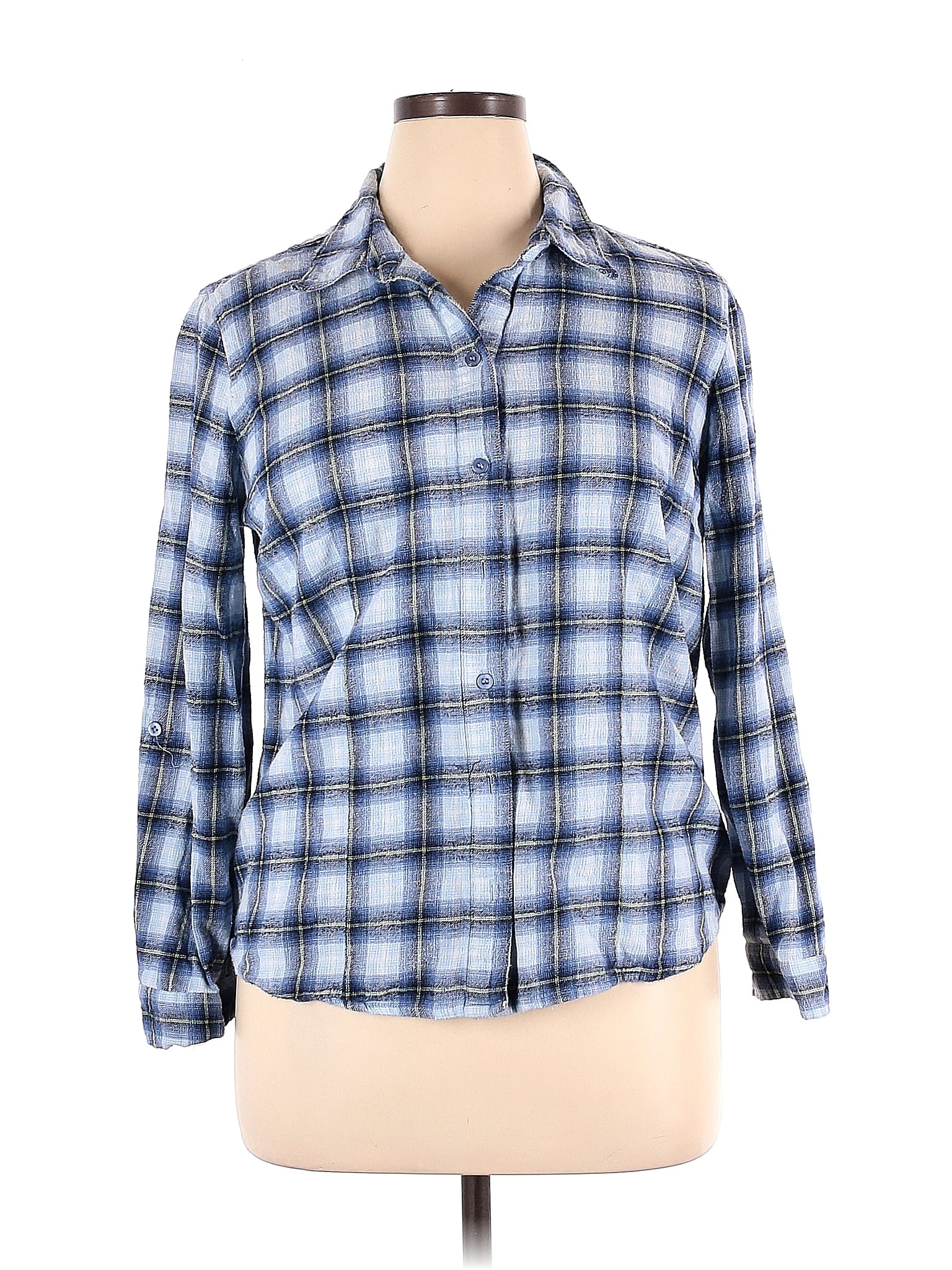 Basic Editions 100% Cotton Plaid Blue Long Sleeve Button-Down Shirt ...