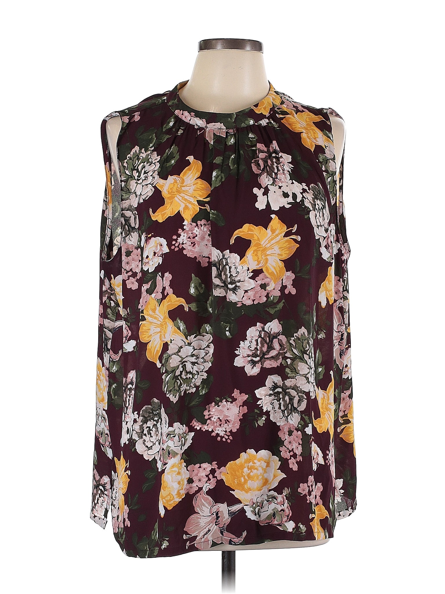 Ann Taylor Loft Outlet 100 Polyester Floral Burgundy Sleeveless Blouse