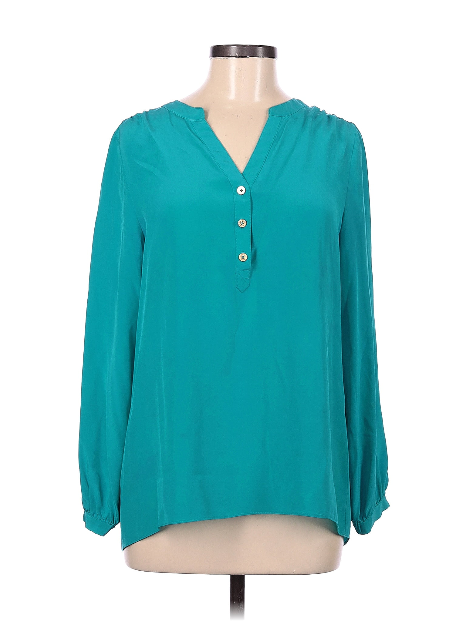 Lilly Pulitzer 100 Polyester Solid Teal Long Sleeve Blouse Size M 72