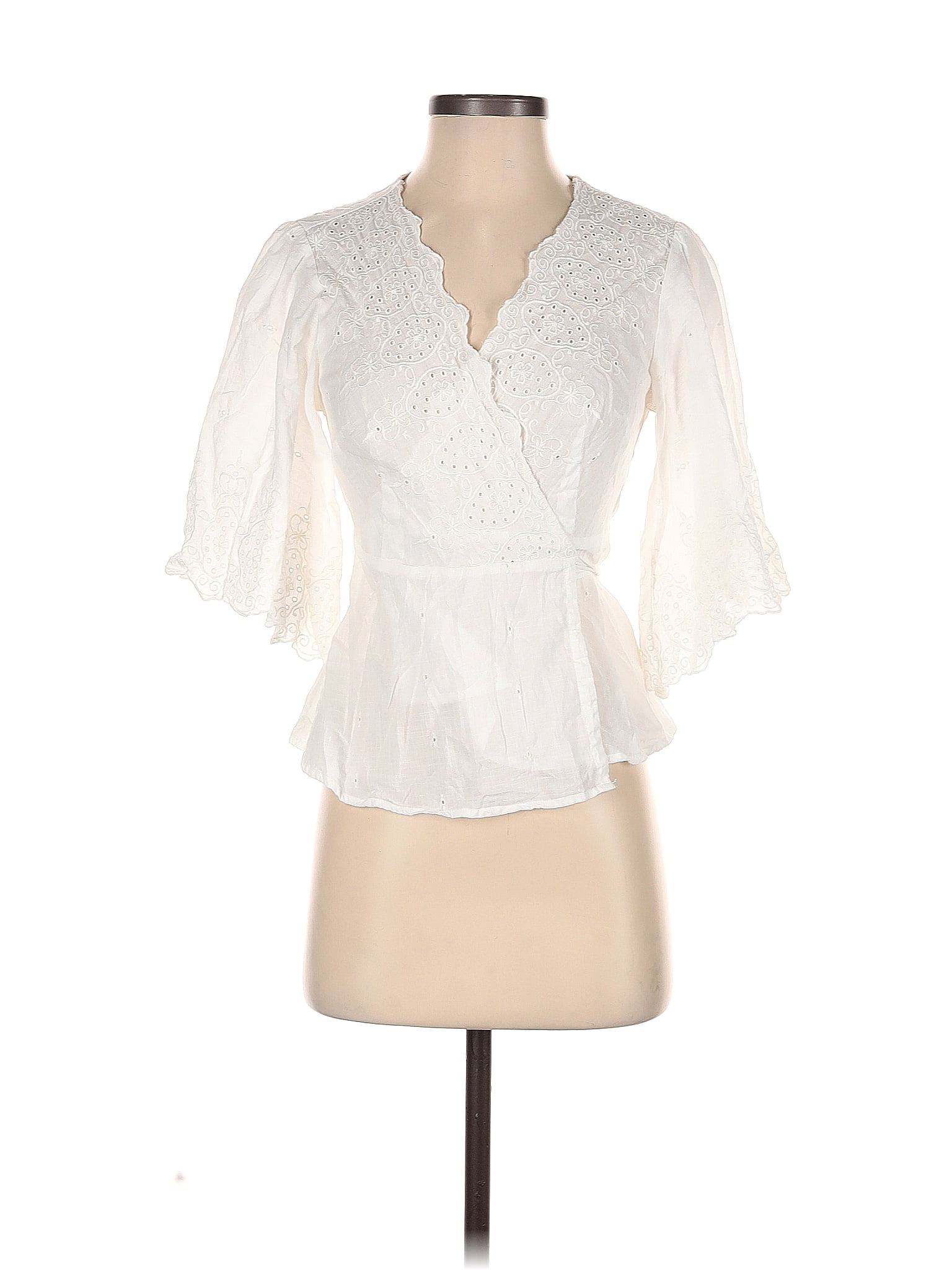 Meadow Rue 100 Cotton Solid White Ivory Long Sleeve Blouse Size S